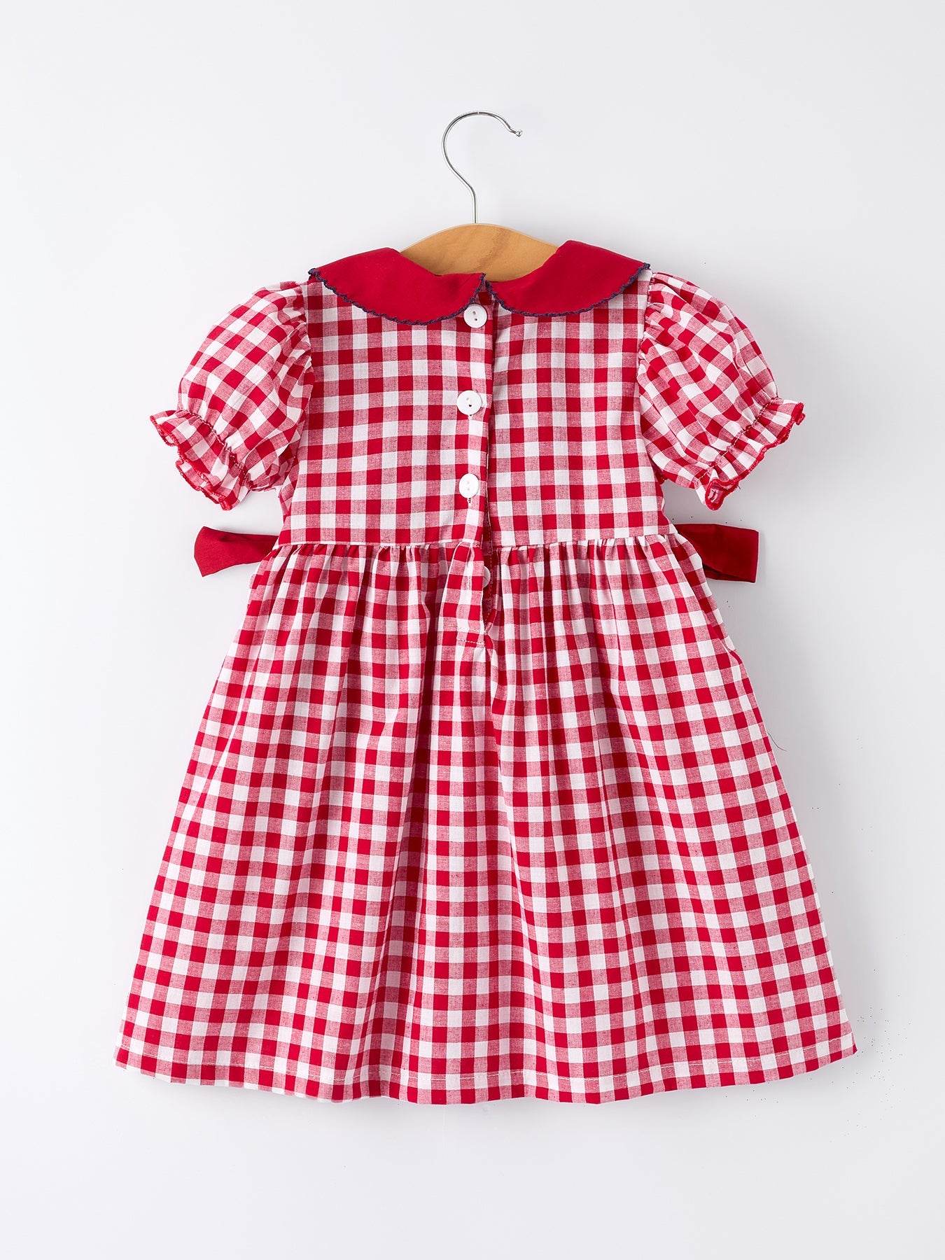 4th of July Flag Plaid Girl Peter Pan Collar Dress Bow - detail view