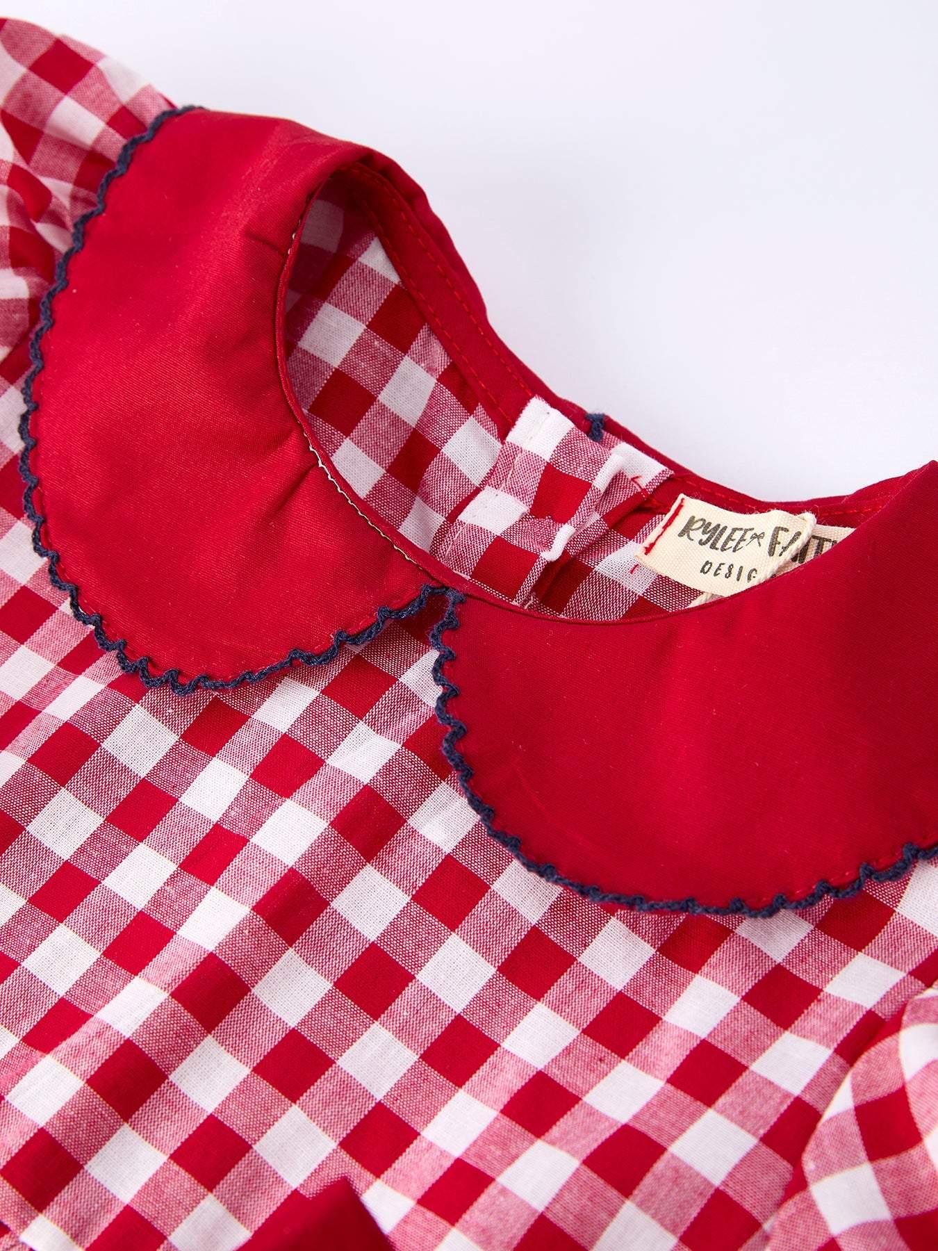 4th of July Flag Plaid Girl Peter Pan Collar Dress Bow - back view