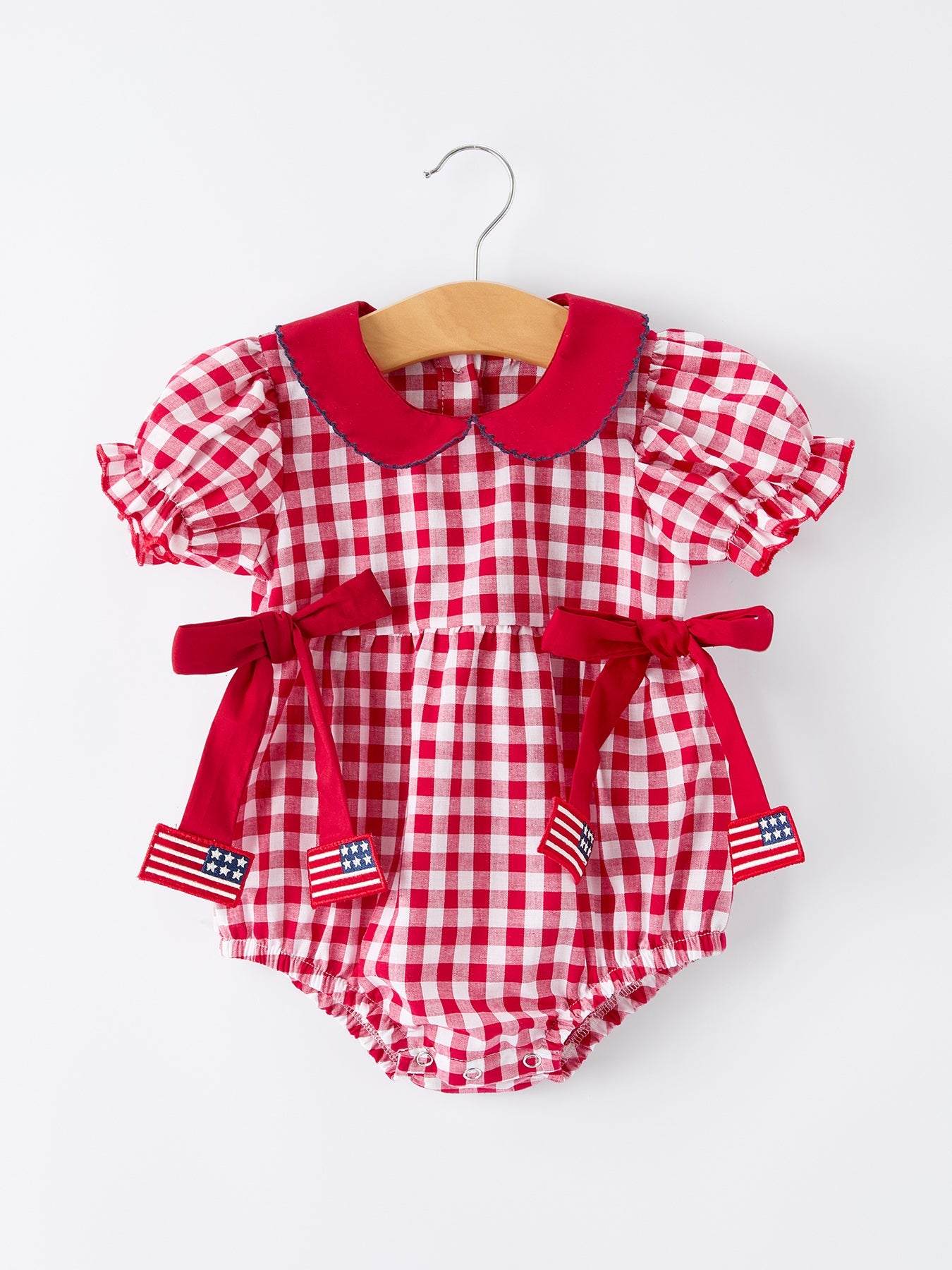 4th of July Flag Plaid Girl Peter Pan Collar Romper Bow - front view
