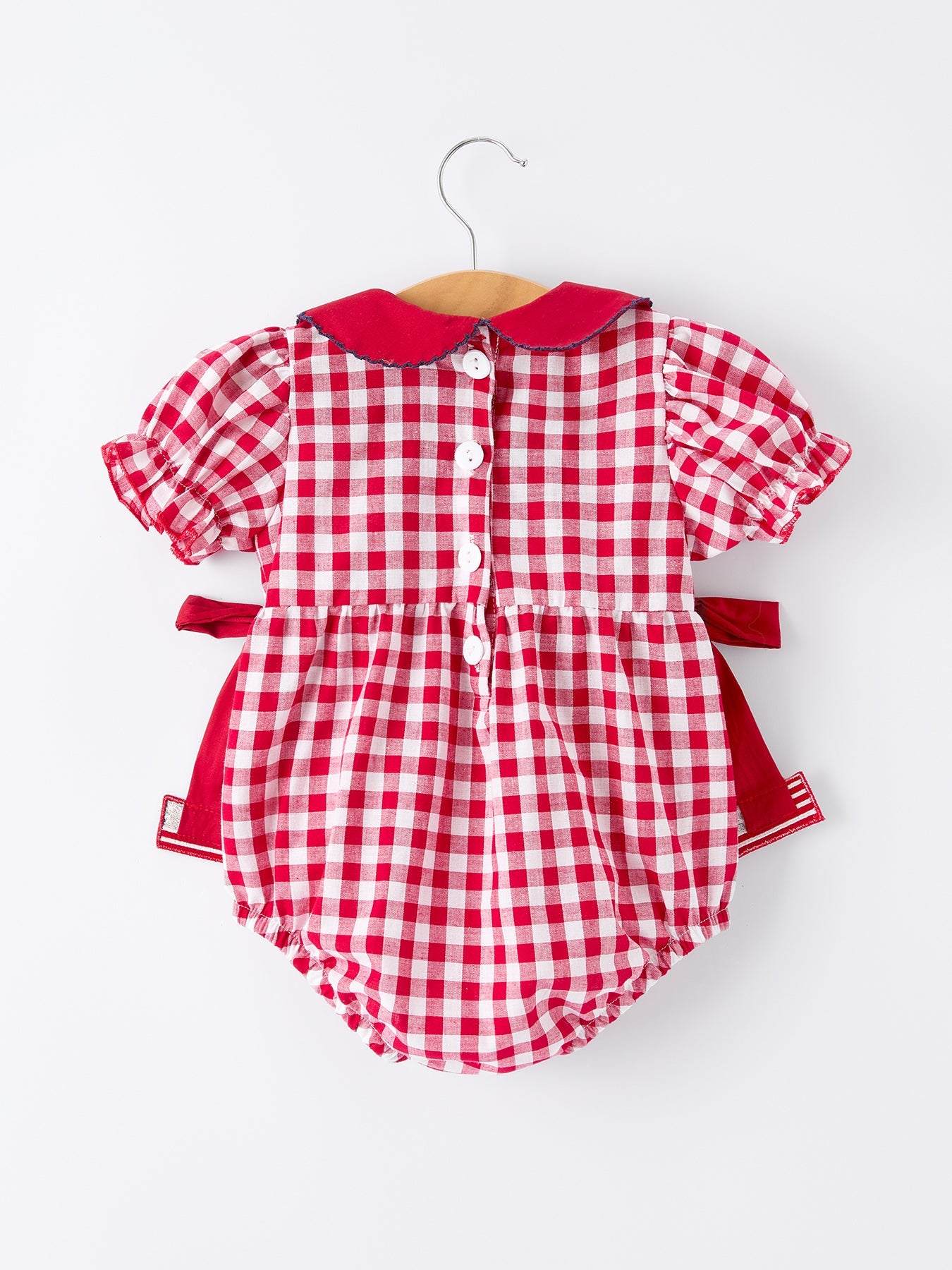 4th of July Flag Plaid Girl Peter Pan Collar Romper Bow - detail view