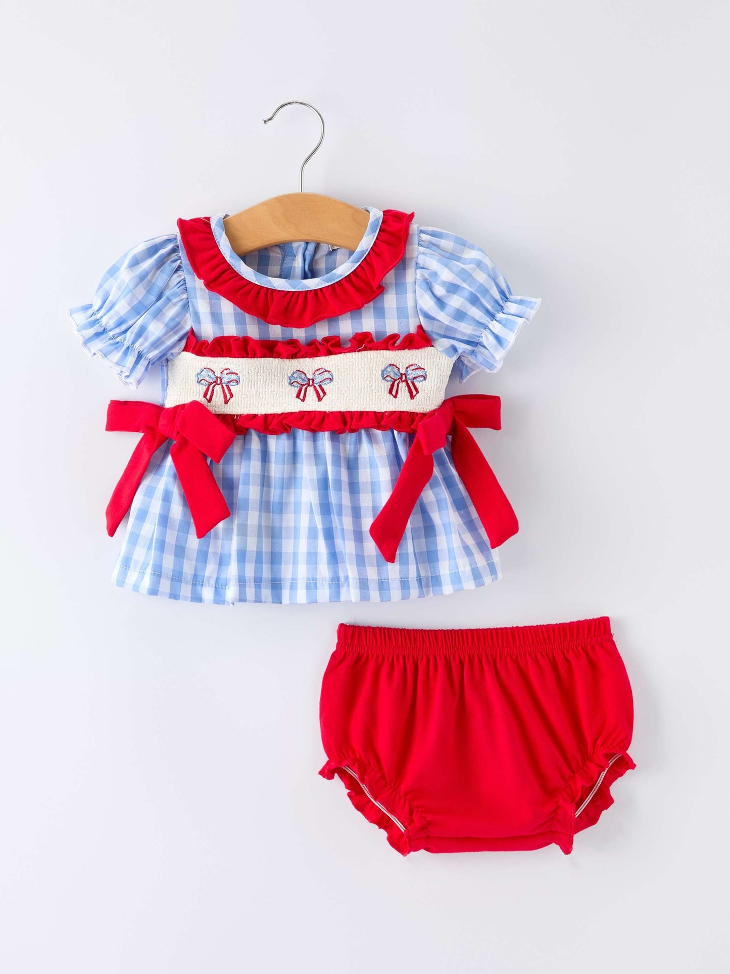 4th of july Plaid Smocking Girls Bloomer Set Romper - front view
