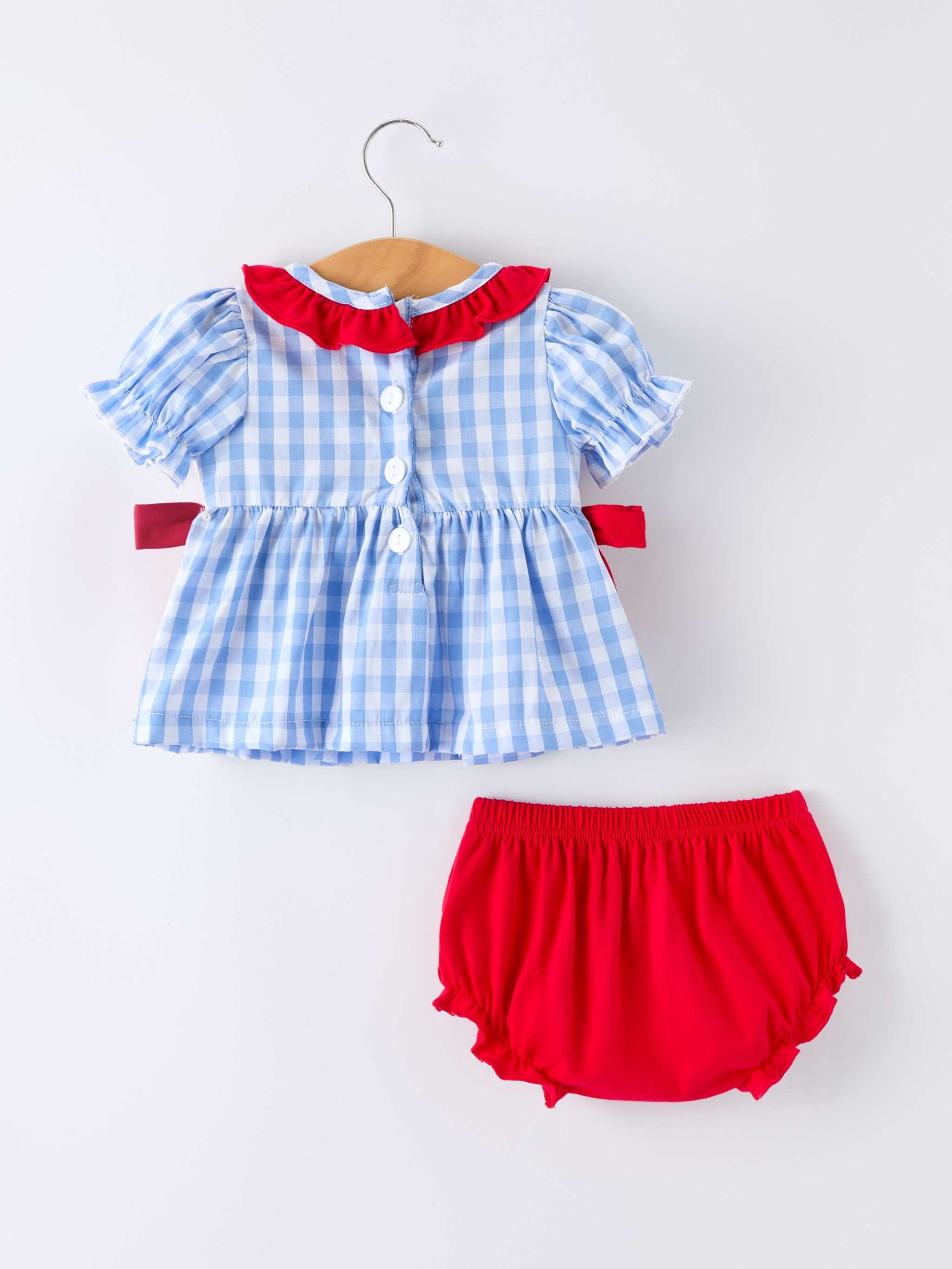 4th of july Plaid Smocking Girls Bloomer Set Romper - detail view