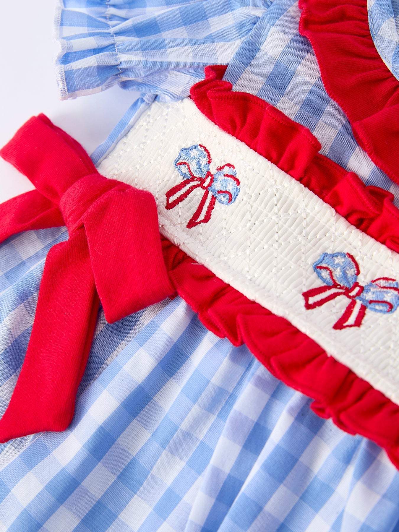 4th of july Plaid Smocking Girls Bloomer Set Romper - back view