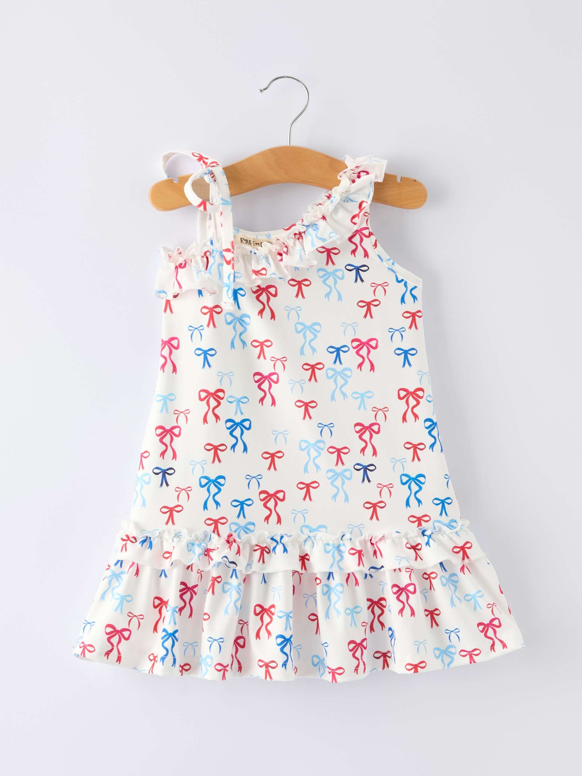 4th of july Bow Print Girls Dress One Shoulder Ruffle - front view