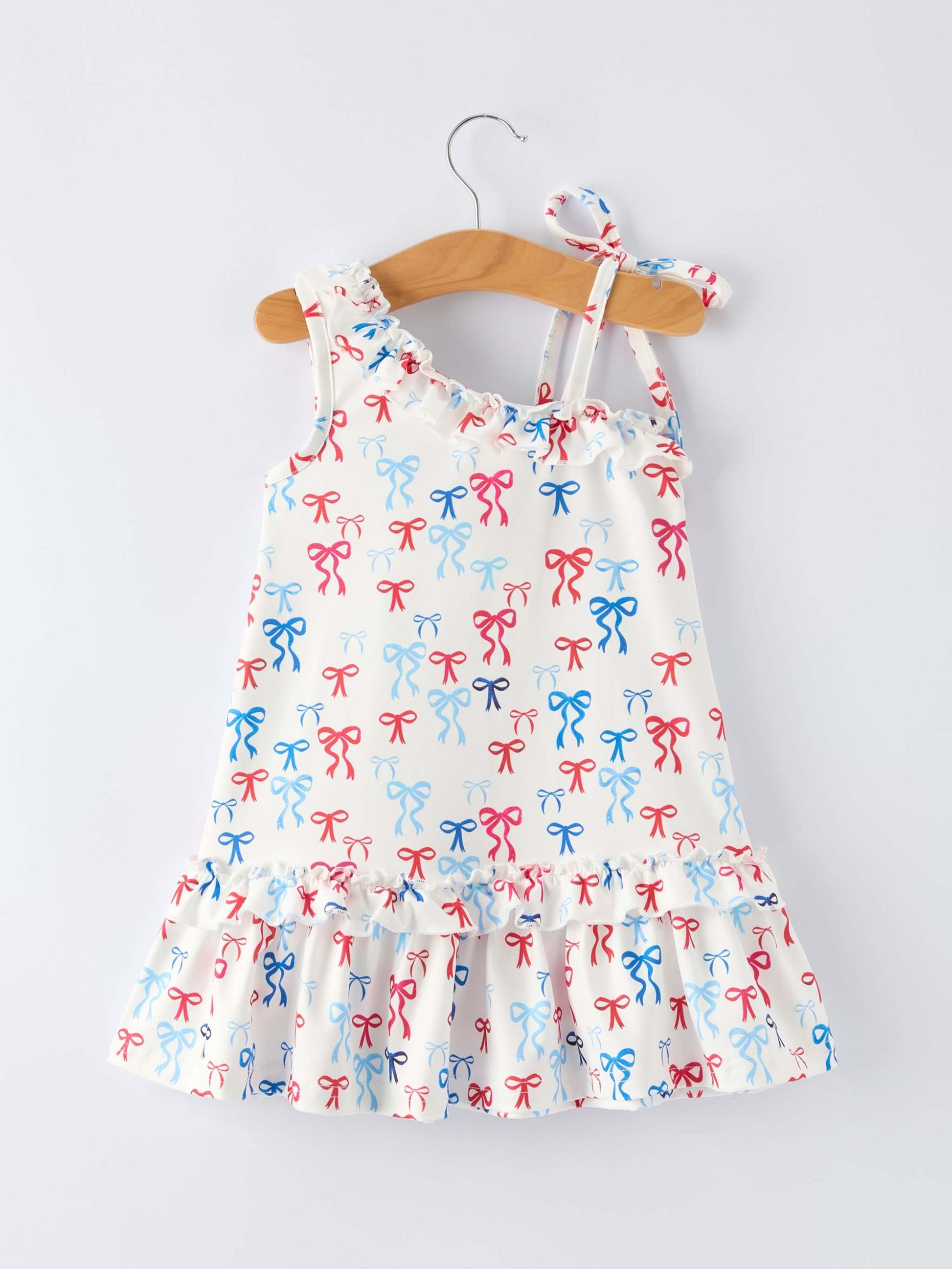 4th of july Bow Print Girls Dress One Shoulder Ruffle - detail view