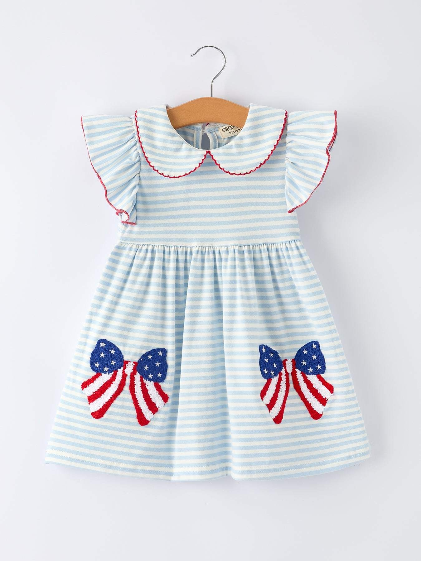 4th of July Stripe Girls Dress Bow Peter Pan Collar - front view