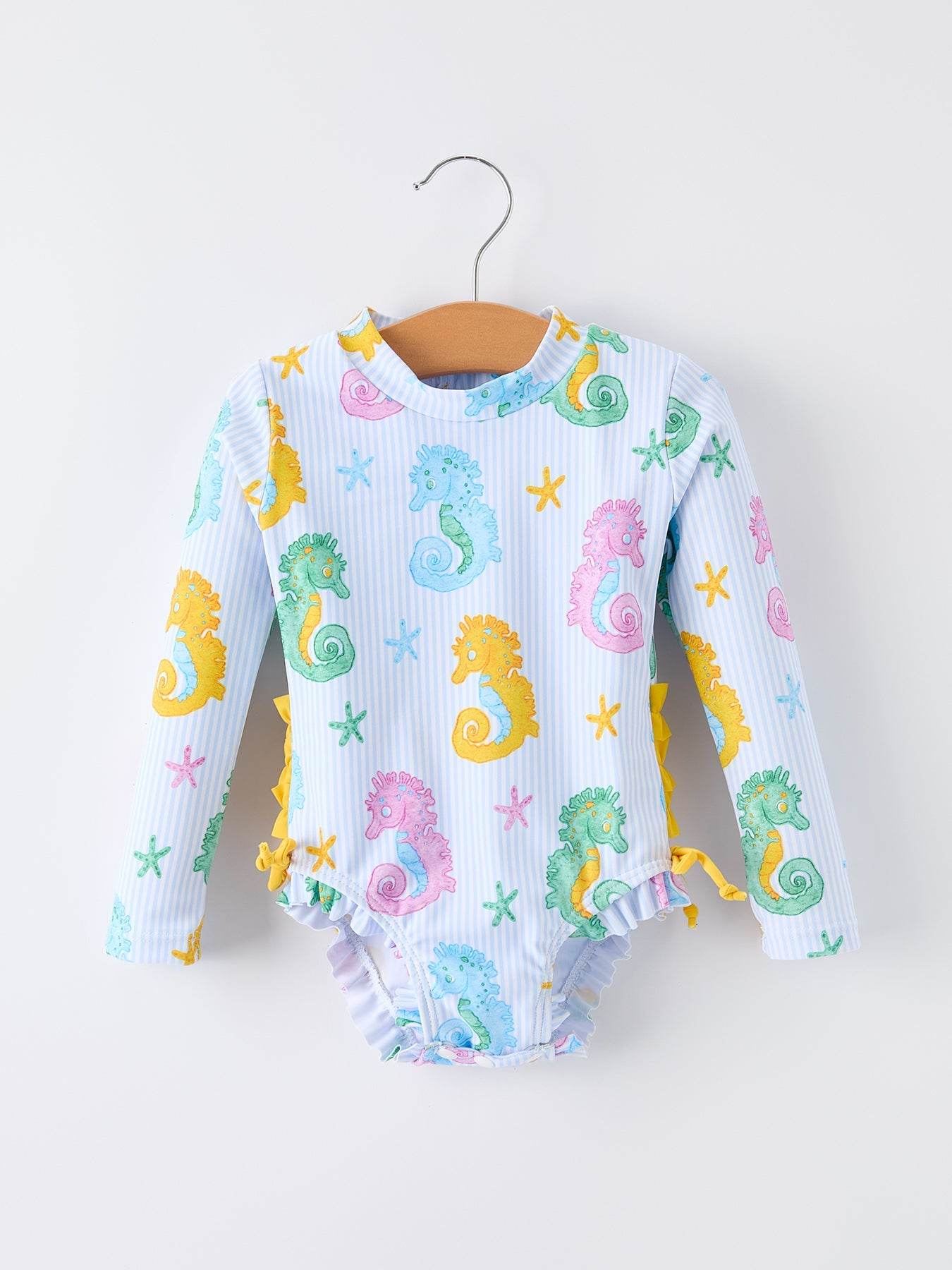 Summer Seahorse Print Girl Long Sleeve Ruffle One Piece Swimsuit, front view