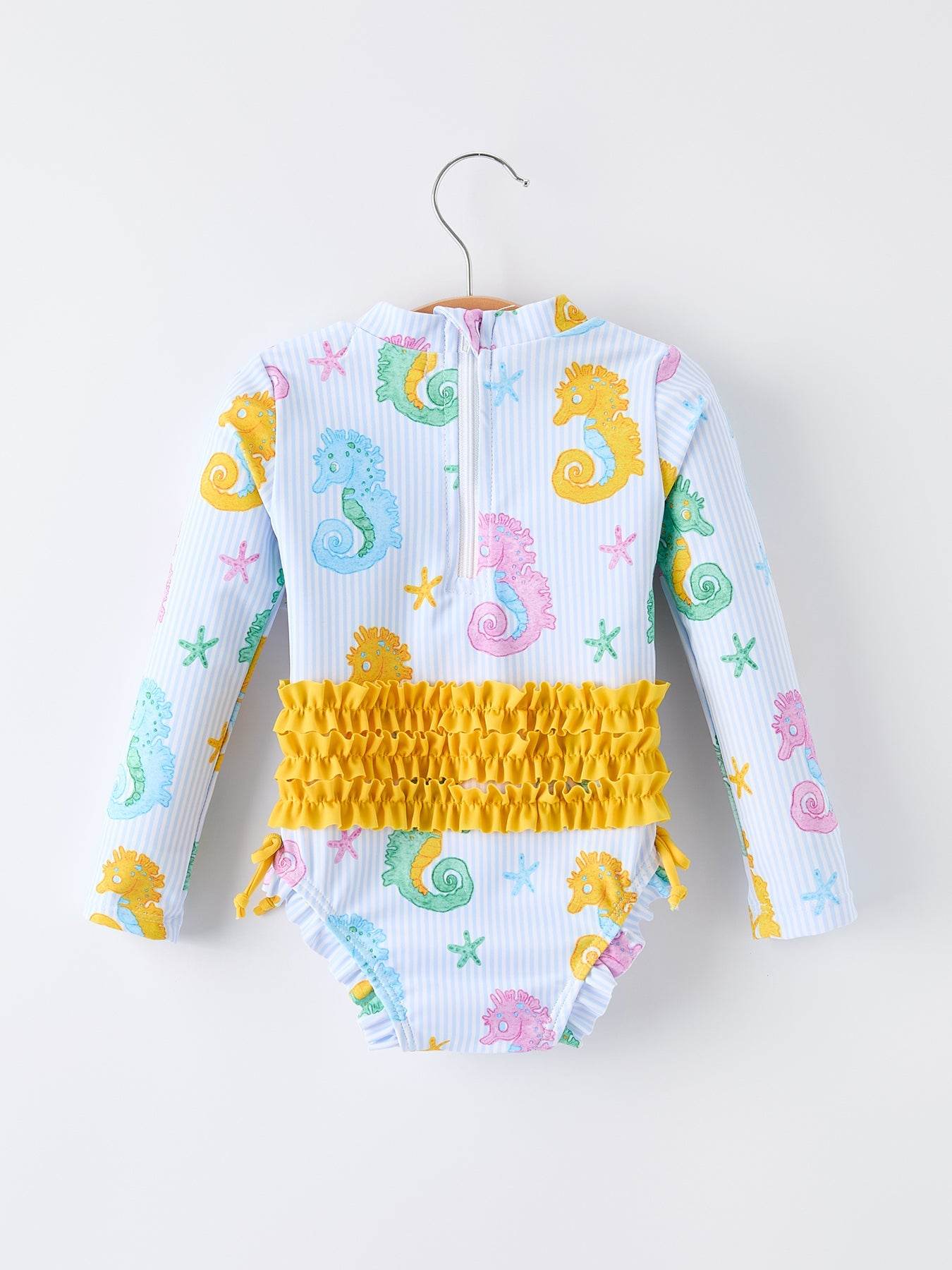 Summer Seahorse Print Girl Long Sleeve Ruffle One Piece Swimsuit, detail view