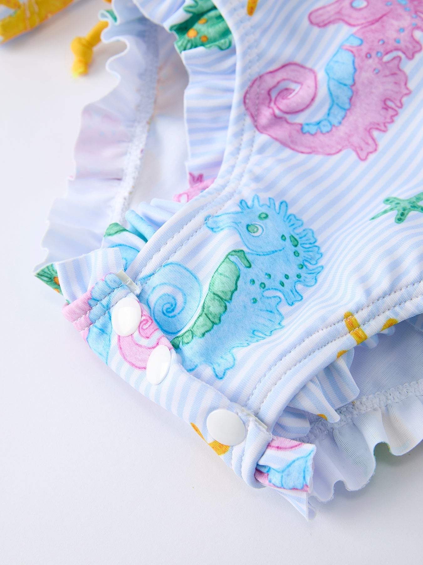 Summer Seahorse Print Girl Long Sleeve Ruffle One Piece Swimsuit, back view