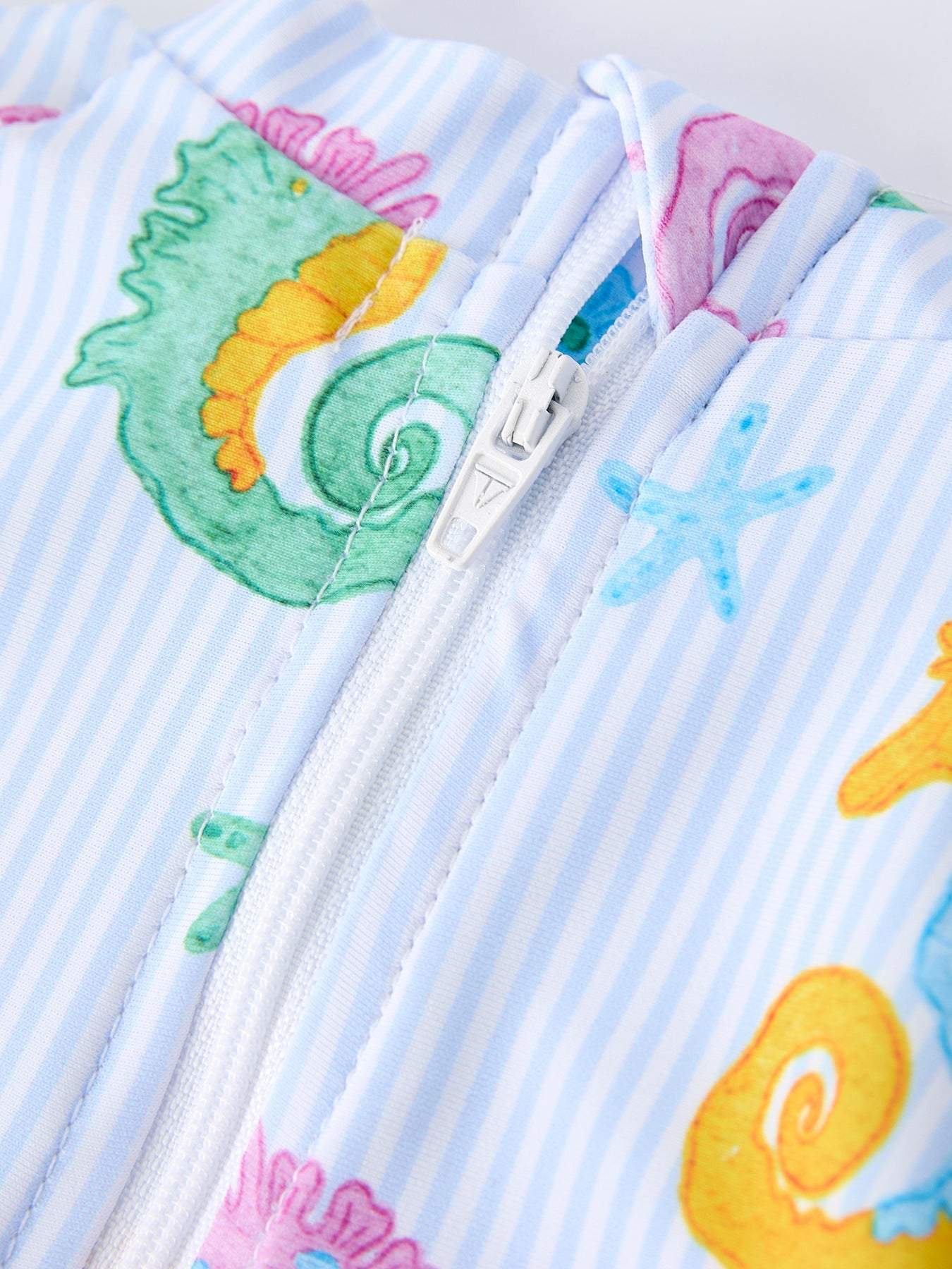 Summer Seahorse Print Girl Long Sleeve Ruffle One Piece Swimsuit, side view