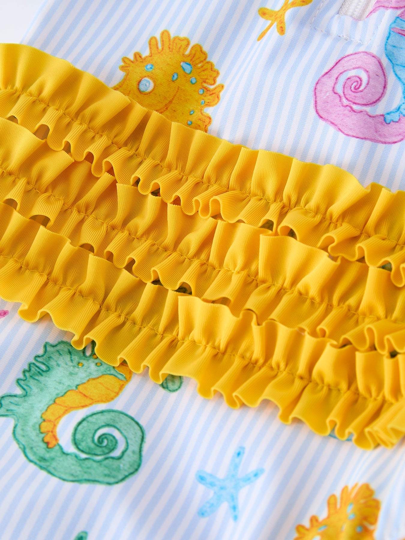 Summer Seahorse Print Girl Long Sleeve Ruffle One Piece Swimsuit, fabric and material close-up