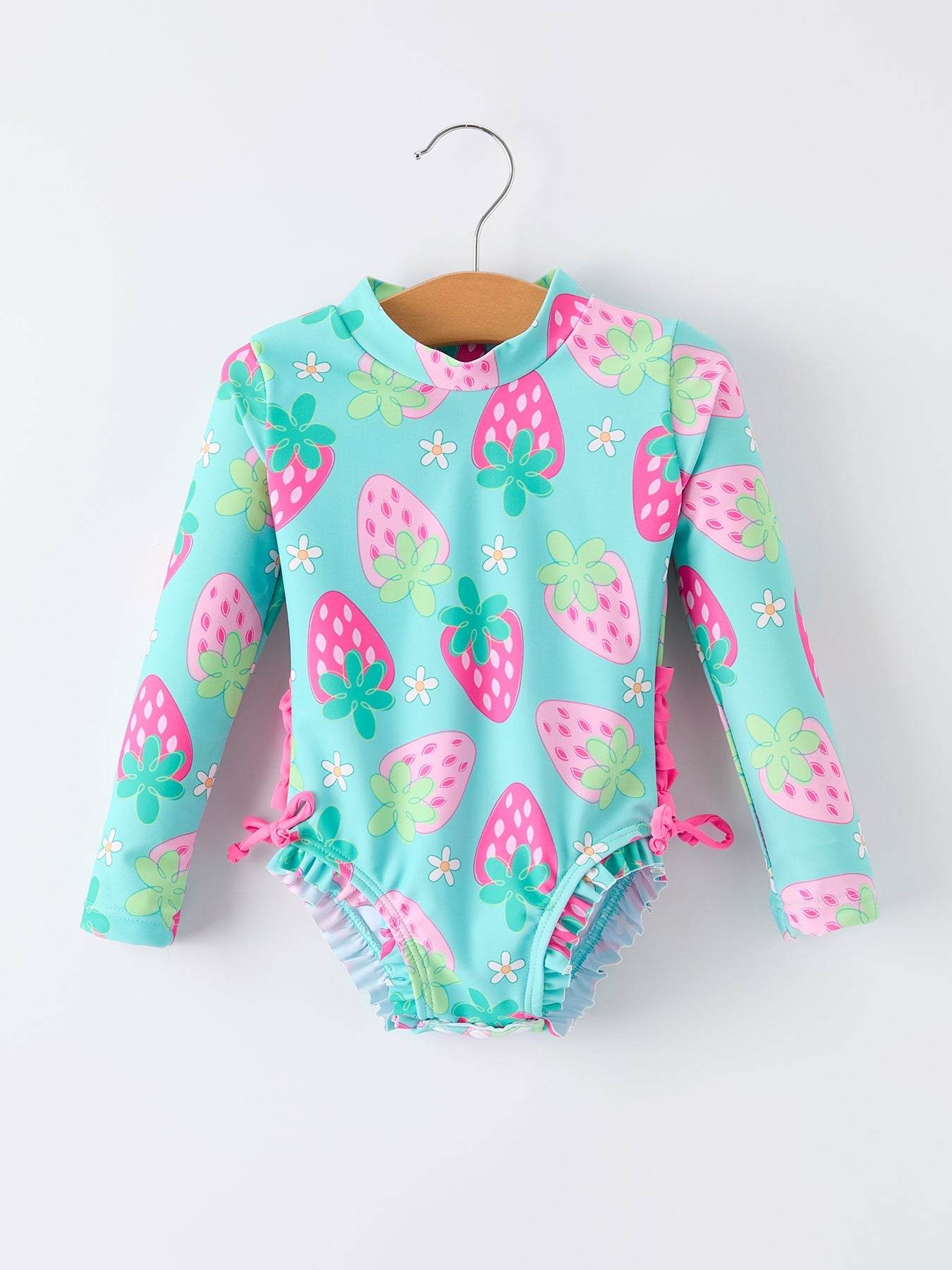 Summer Strawberry Print Girl Long Sleeve Ruffle One Piece Swimsuit, front view