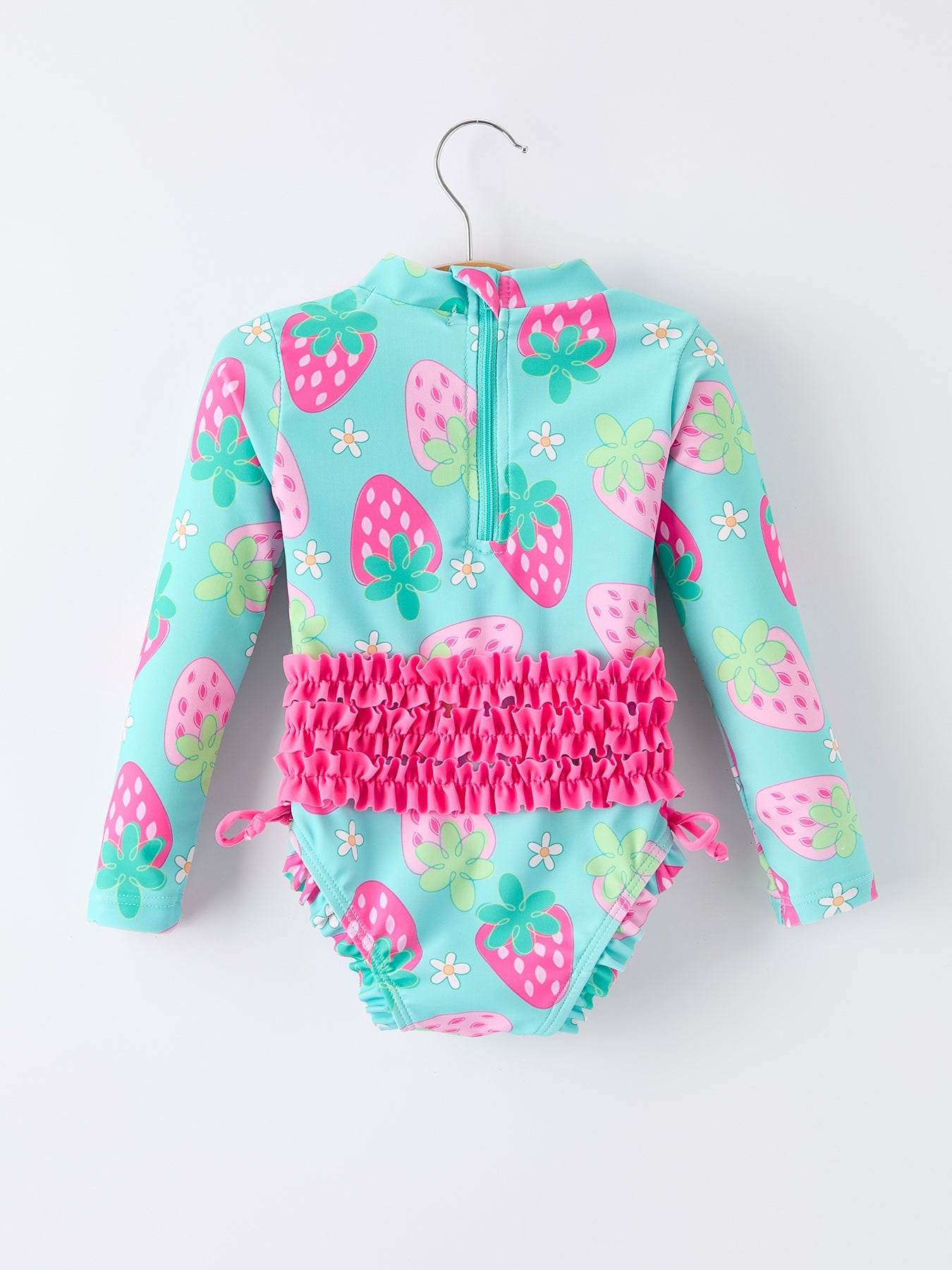 Summer Strawberry Print Girl Long Sleeve Ruffle One Piece Swimsuit, detail view