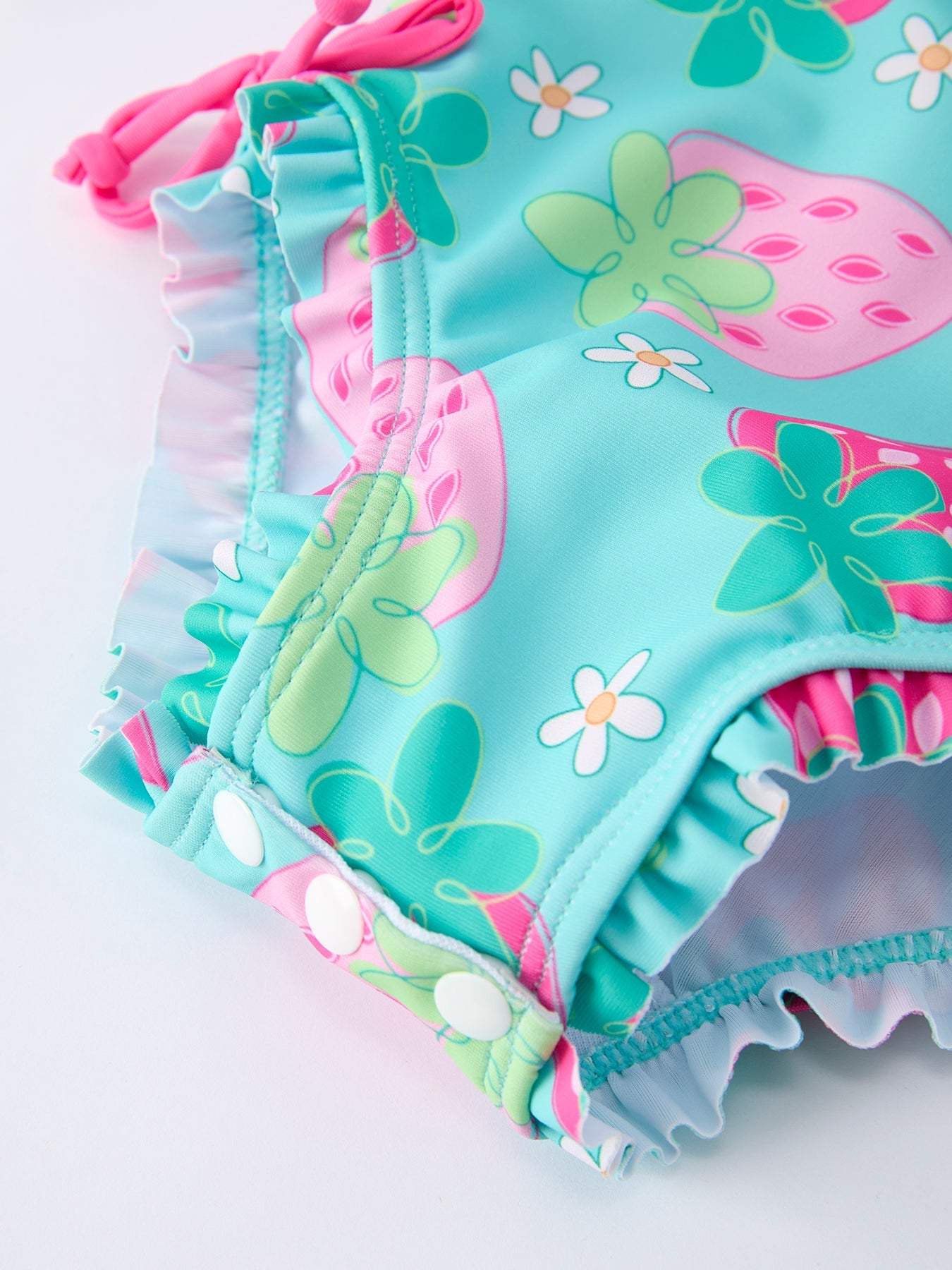 Summer Strawberry Print Girl Long Sleeve Ruffle One Piece Swimsuit, back view
