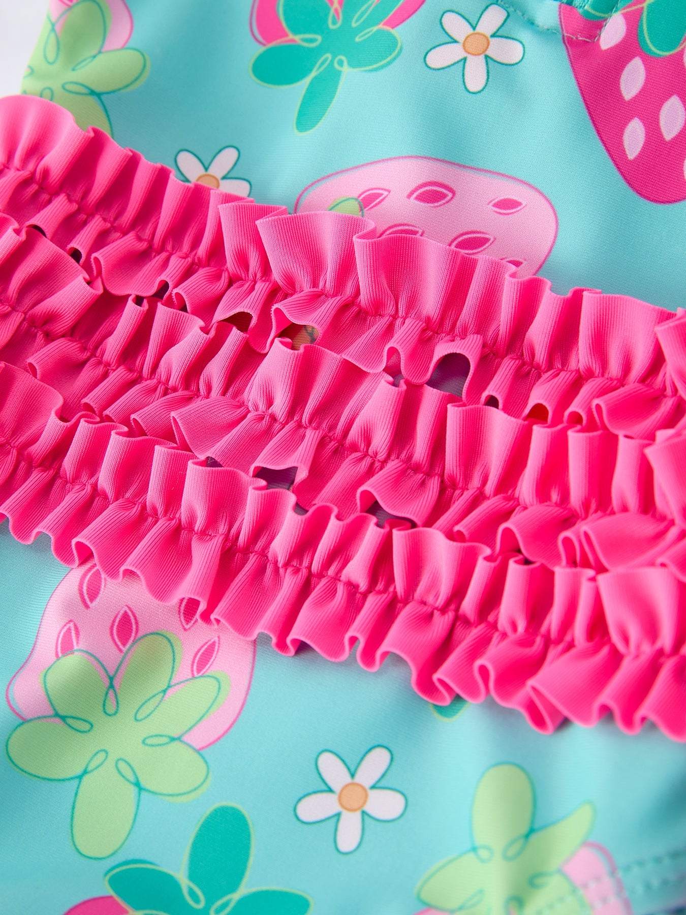Summer Strawberry Print Girl Long Sleeve Ruffle One Piece Swimsuit, fabric and material close-up