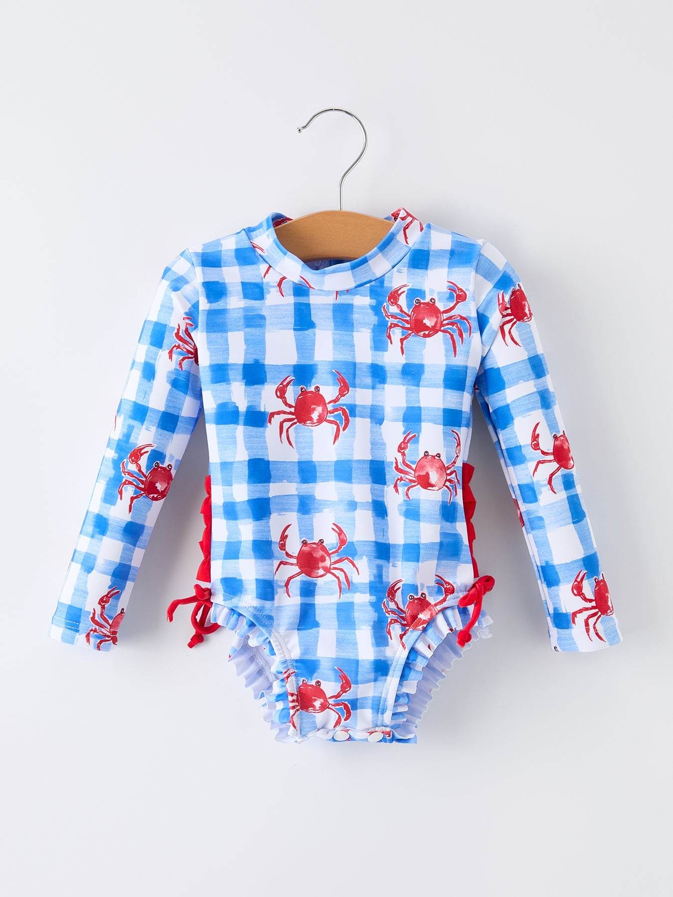 Summer Crab Girl Long Sleeve Ruffle One Piece Swimsuit, front view