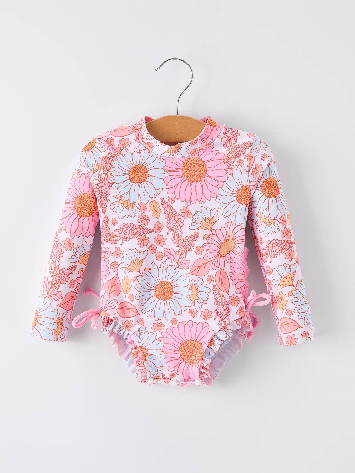Summer Daisy Floral Girl Long Sleeve Ruffle One Piece Swimsuit - front view