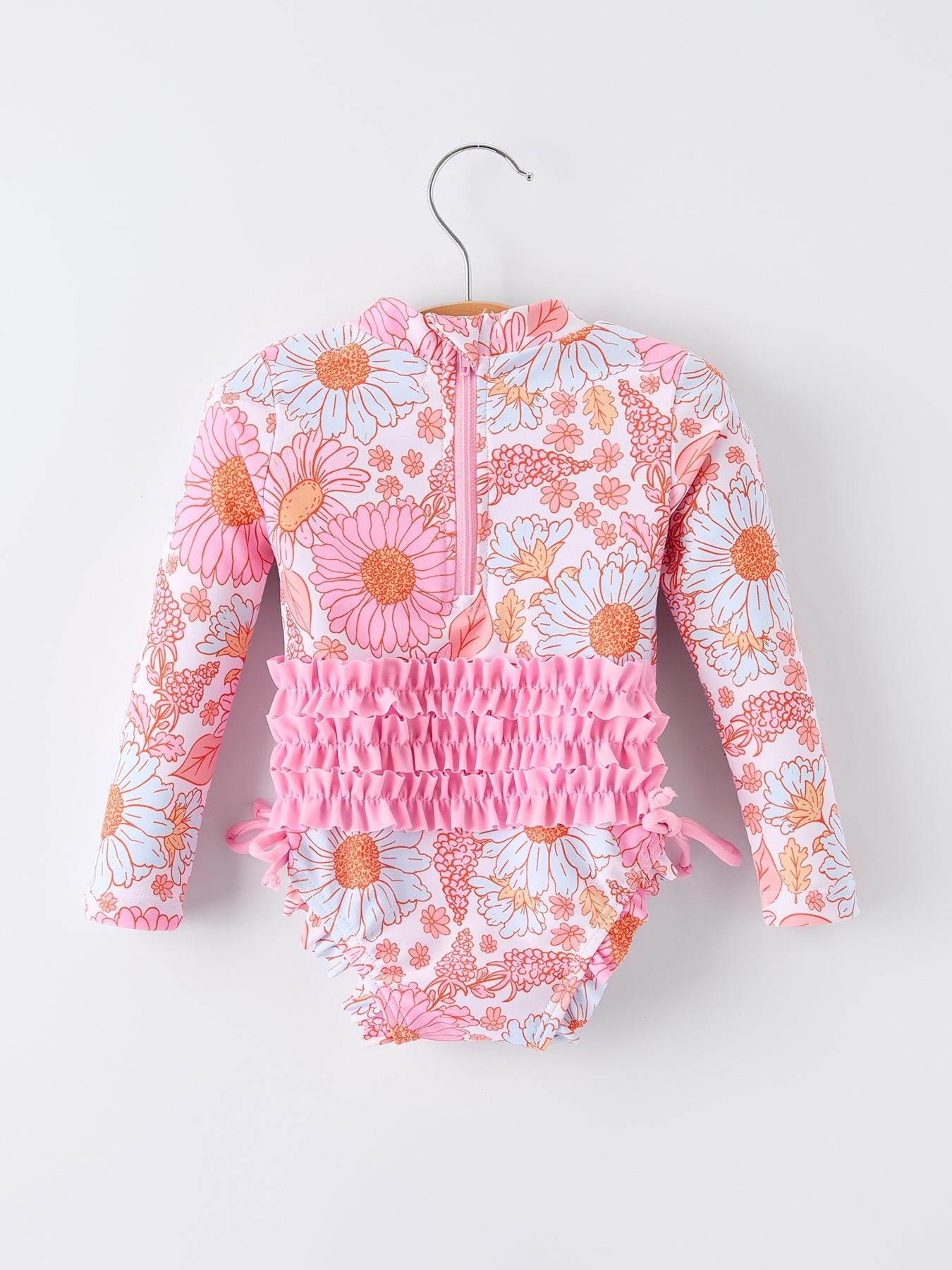Summer Daisy Floral Girl Long Sleeve Ruffle One Piece Swimsuit - detail view