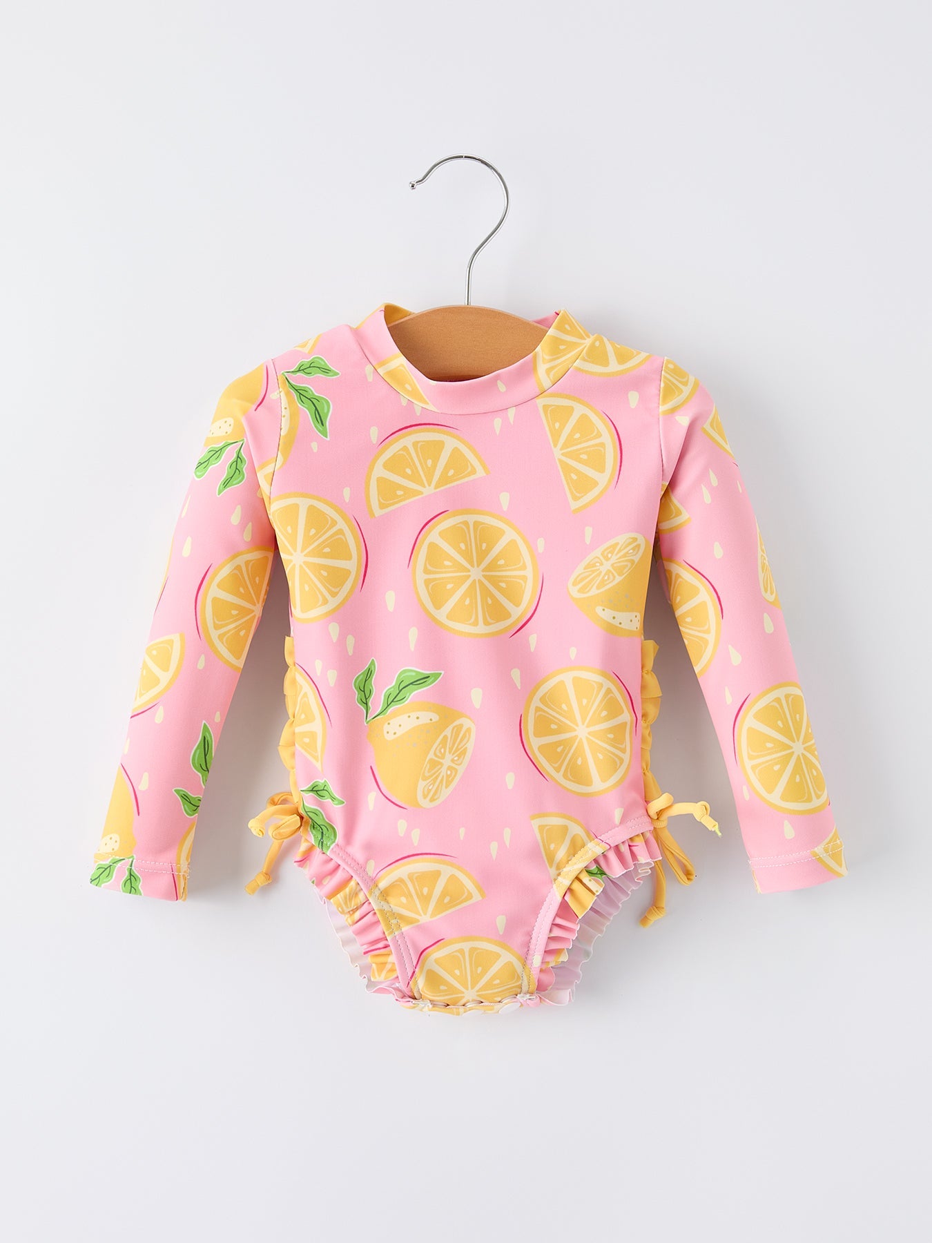 Summer lemon print girl long sleeve ruffle one piece swimsuit front view