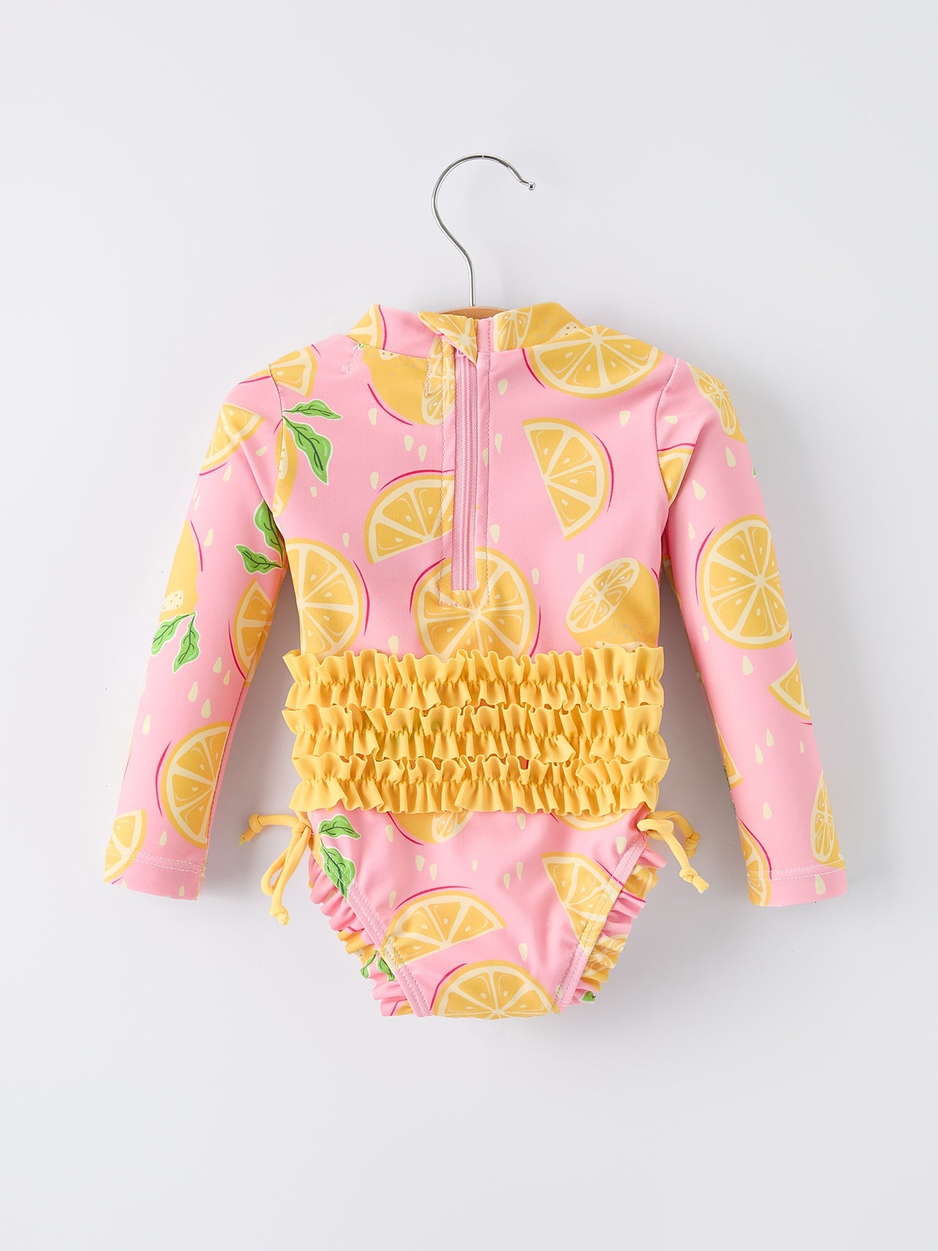 Lemon print ruffle one piece swimsuit detail view