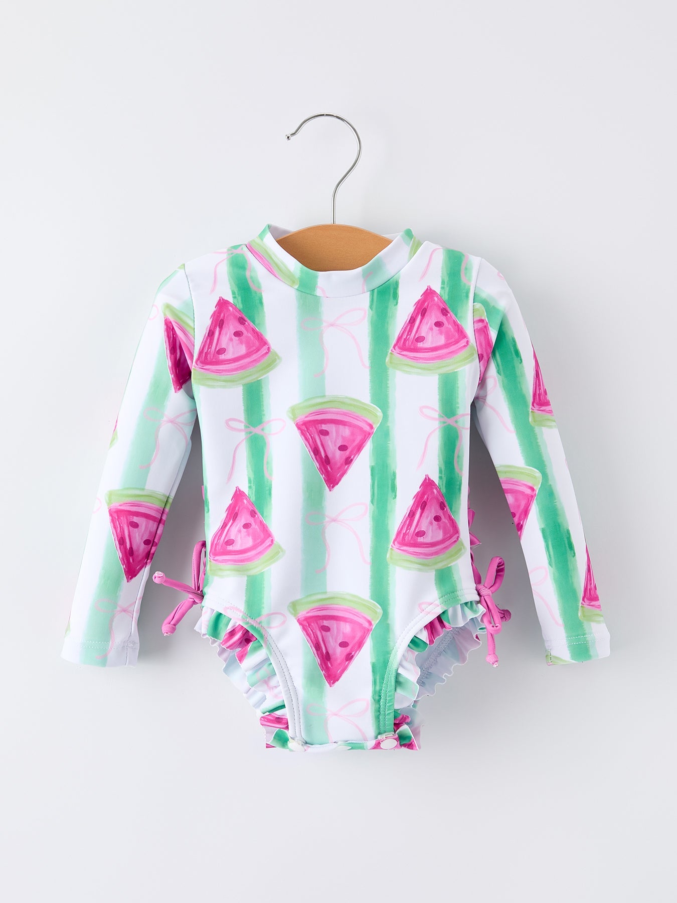 Summer watermelon print girl long sleeve ruffle one piece swimsuit front view