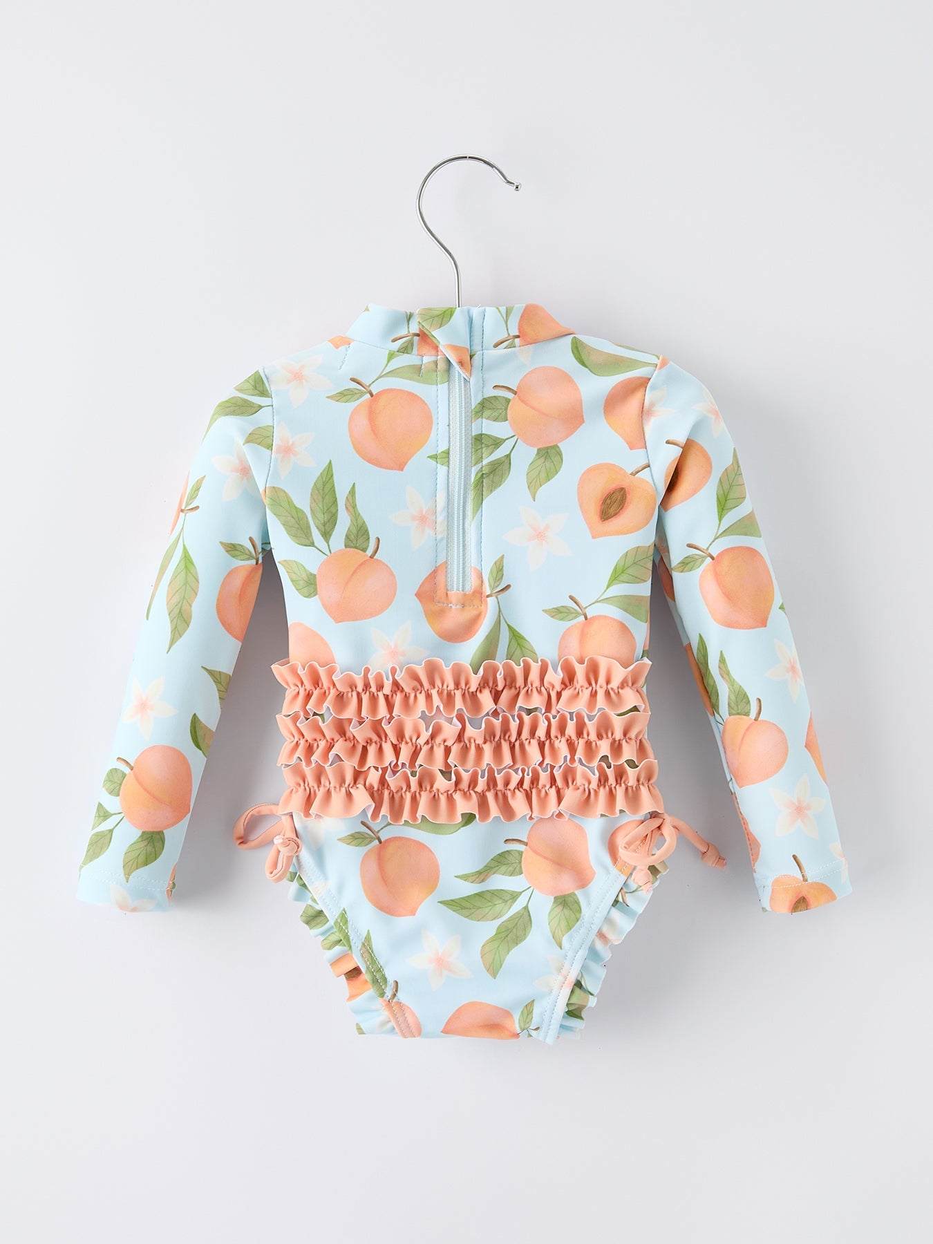 Summer Peach Girl Long Sleeve Ruffle One Piece Swimsuit, detail view