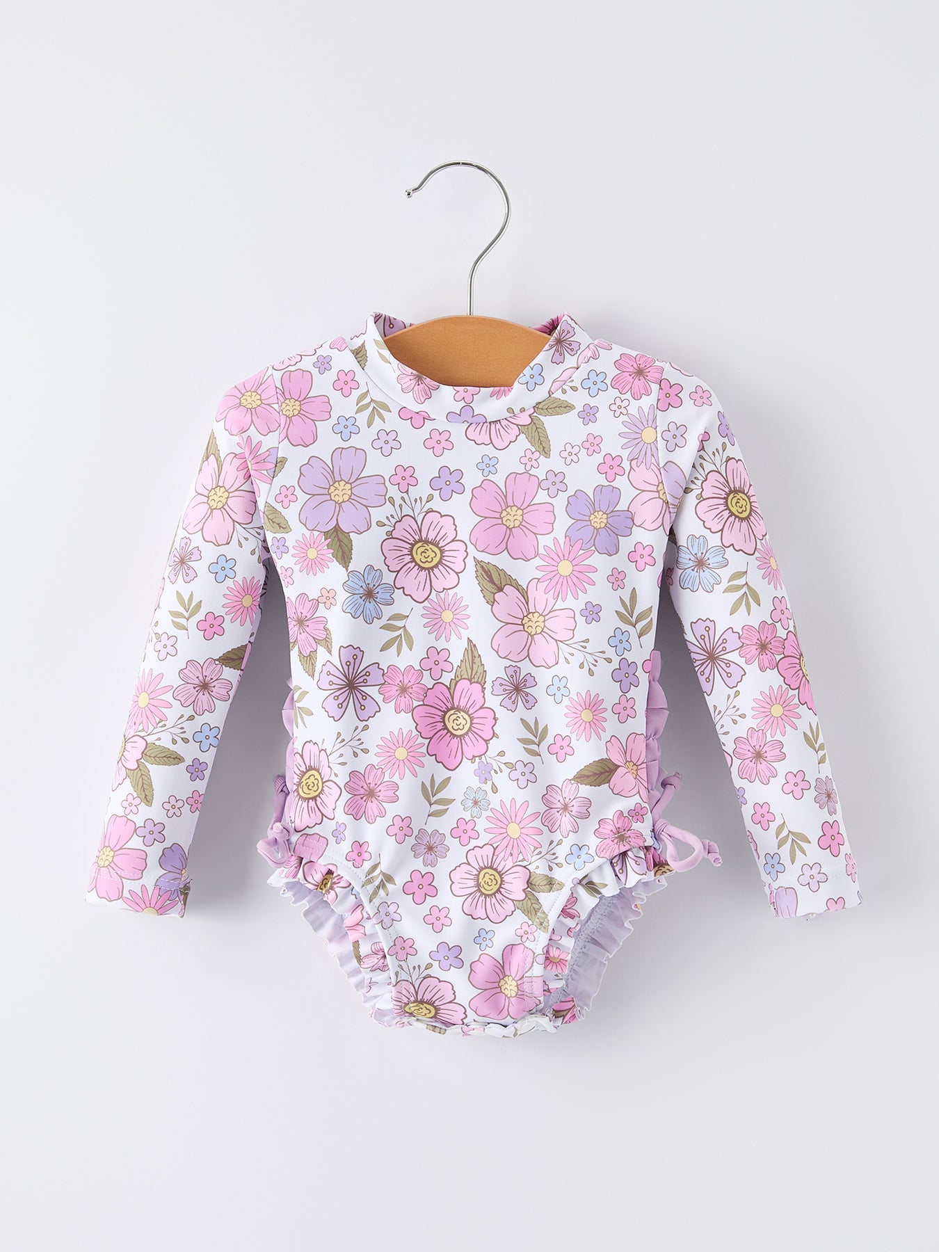 Summer floral print girl long sleeve ruffle one piece swimsuit front view
