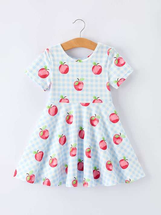 Back to School Apple Plaid Girls Dress Short Sleeve