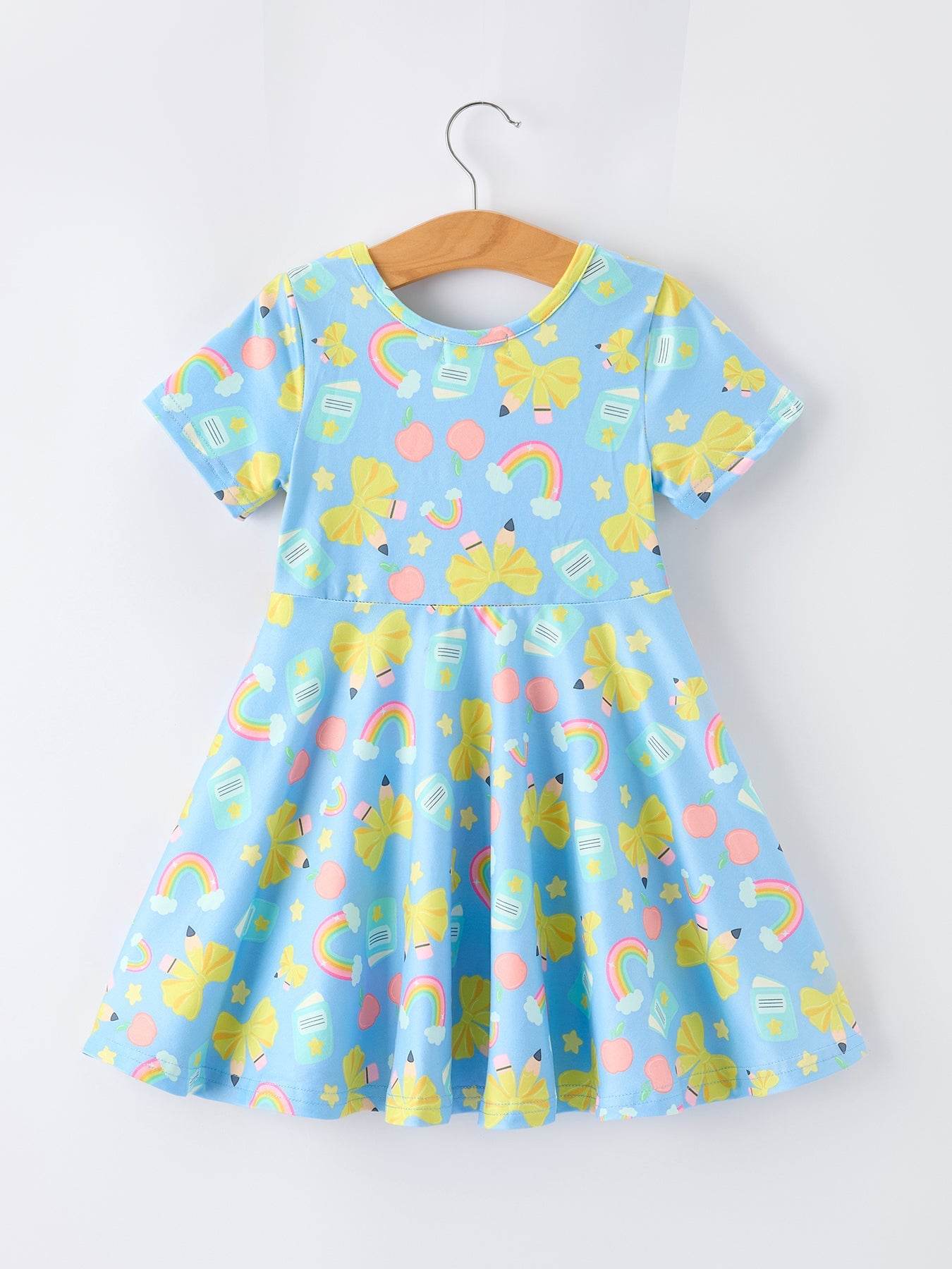 Back to School Rainbow Bow Girls Dress - detail view
