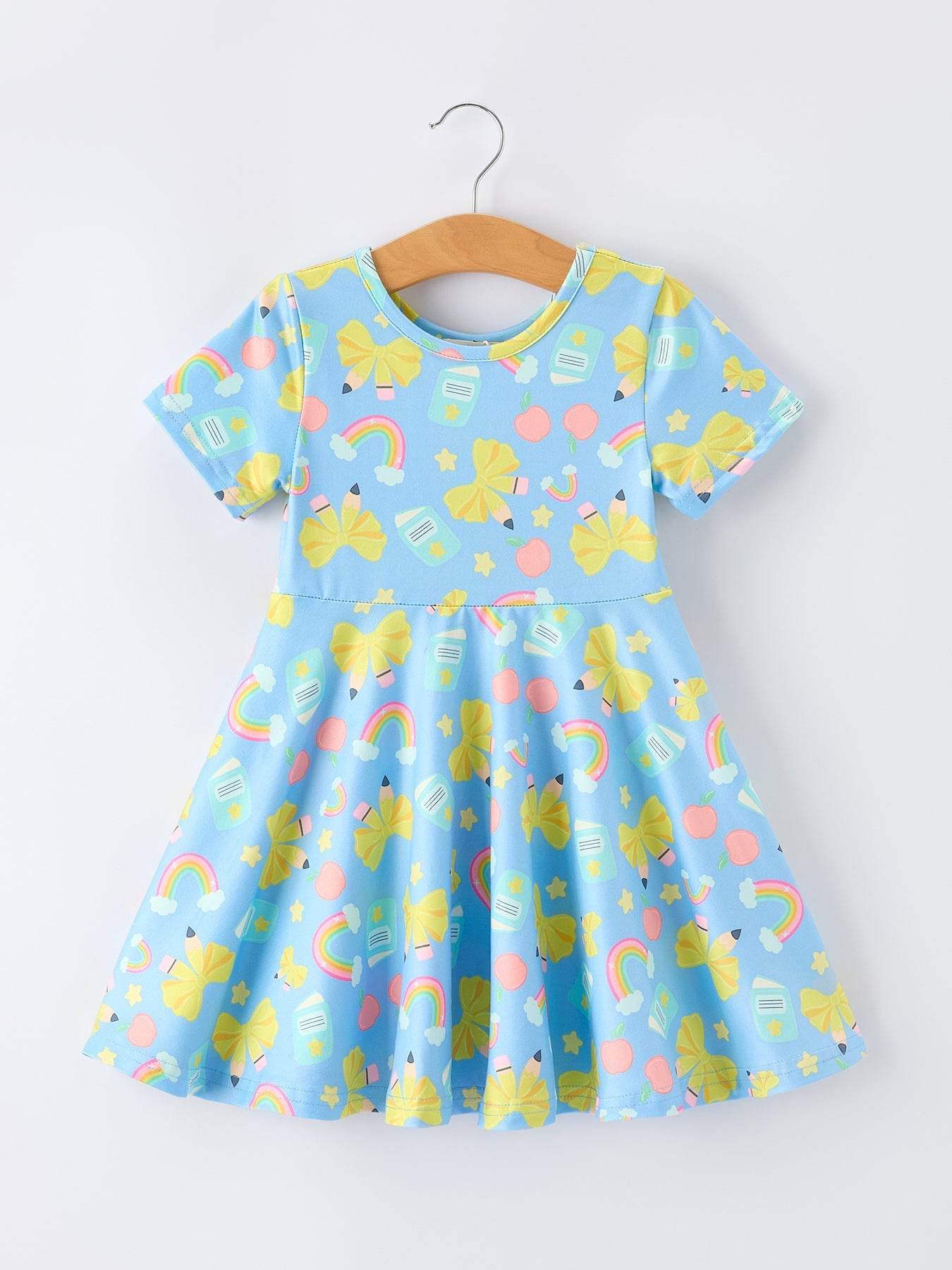 Back to School Rainbow Bow Girls Dress - front view