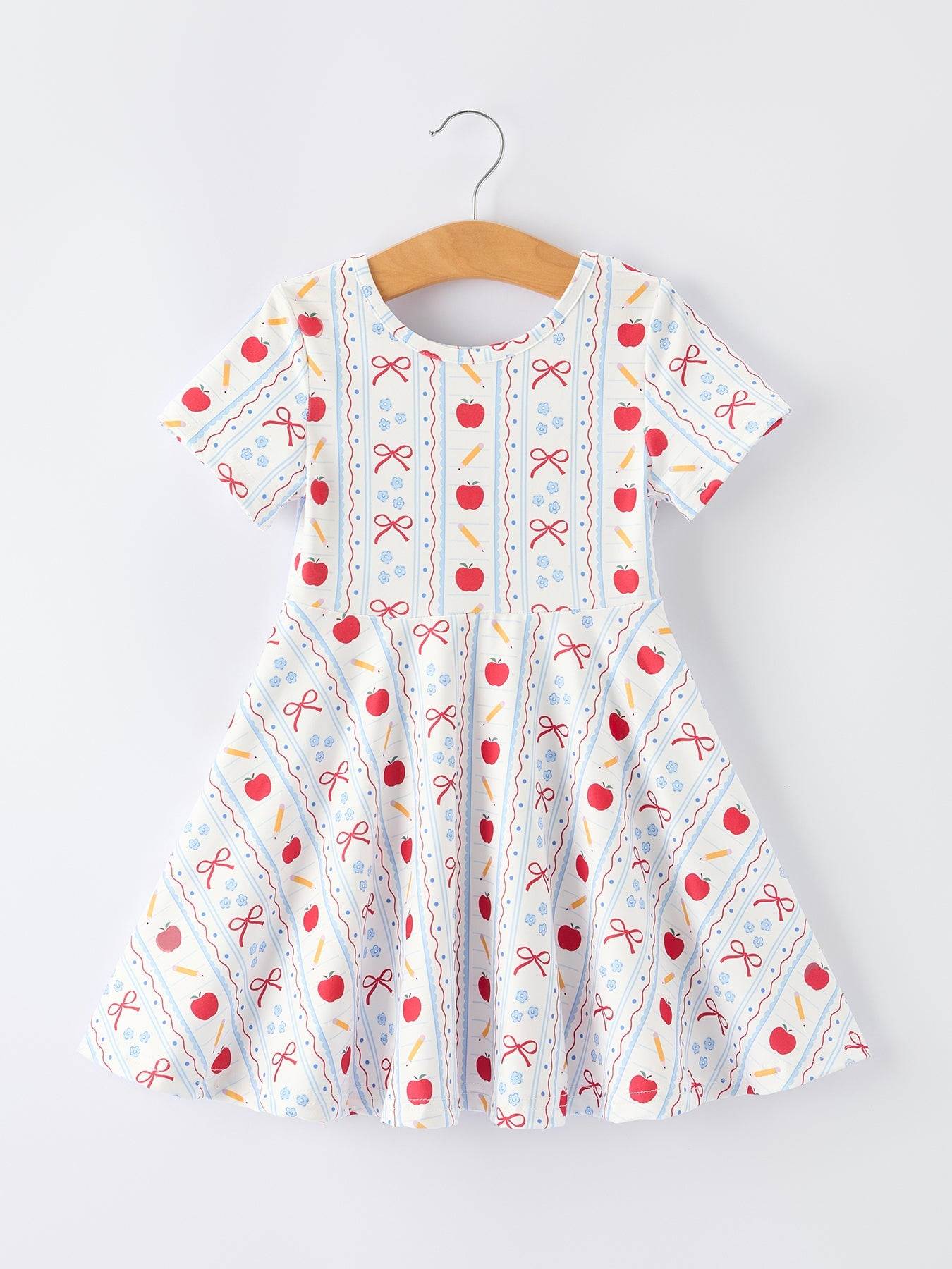 Back to School Apple Bow Stripe Girls Dress