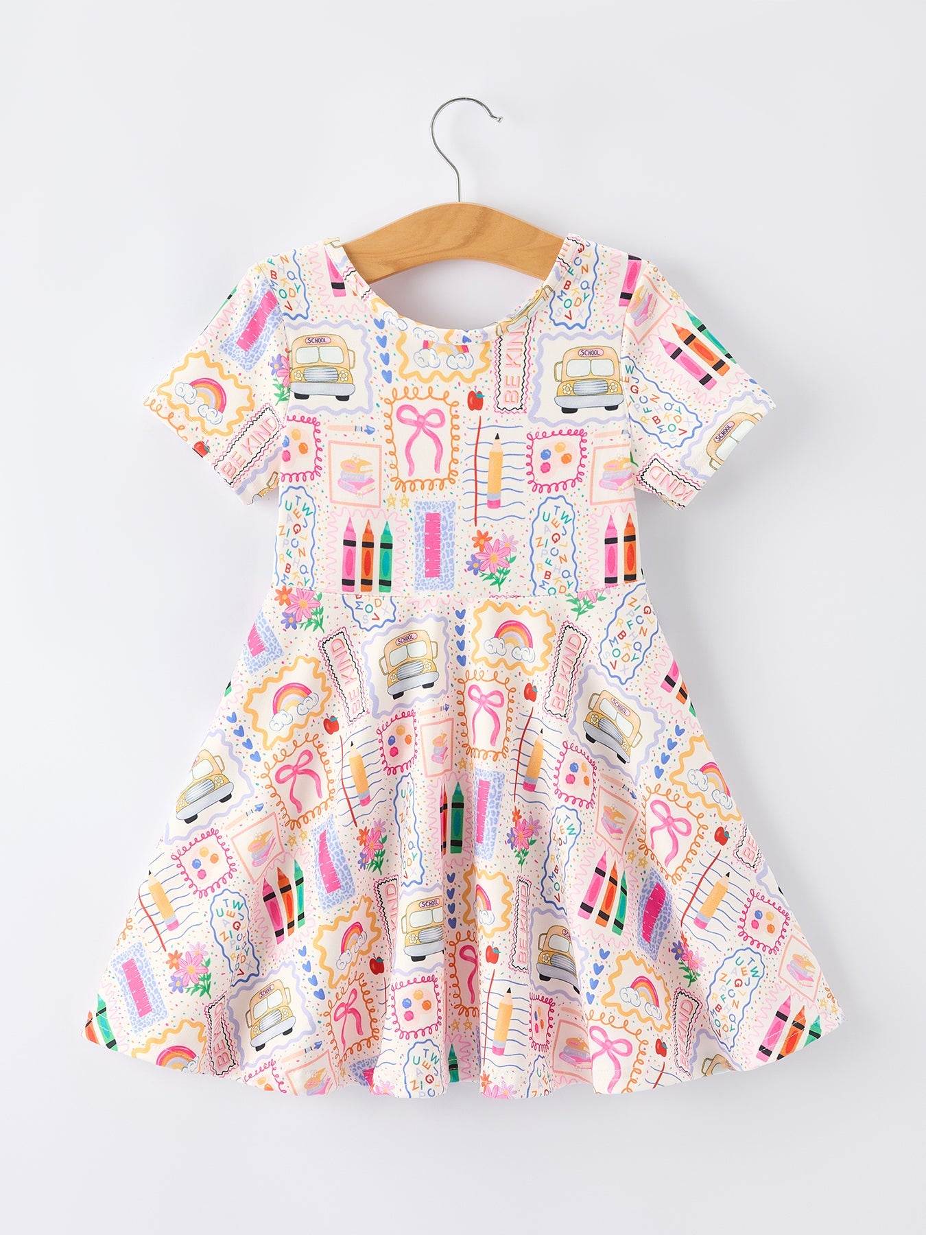 Back to School Rainbow Print Girls Dress Short Sleeve
