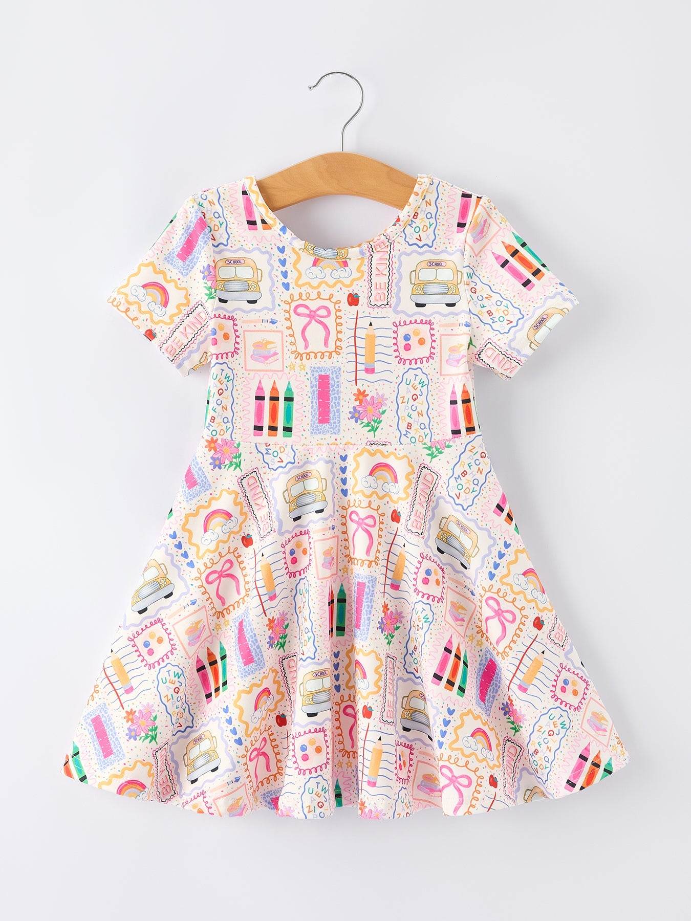 Back to School Rainbow Print Girls Dress Short Sleeve