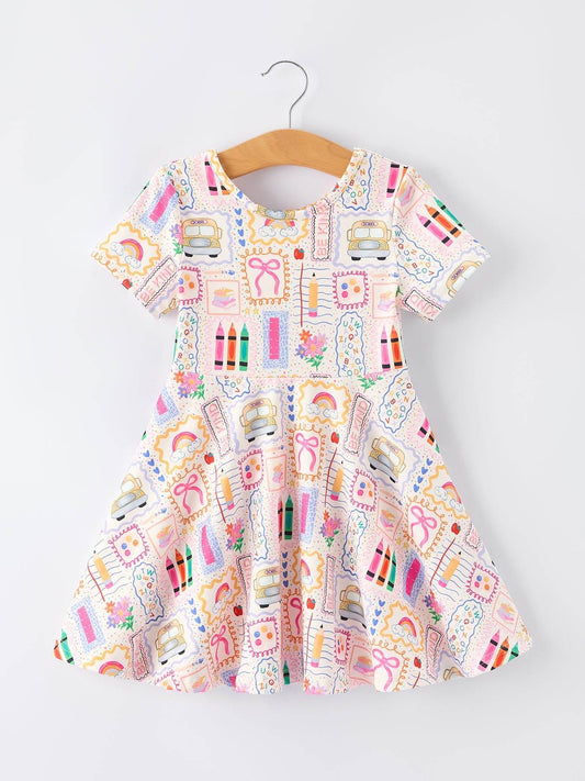 Back to School Rainbow Print Girls Dress Short Sleeve