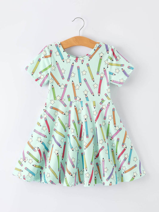 Back to School Pencil Print Girls Dress Short Sleeve