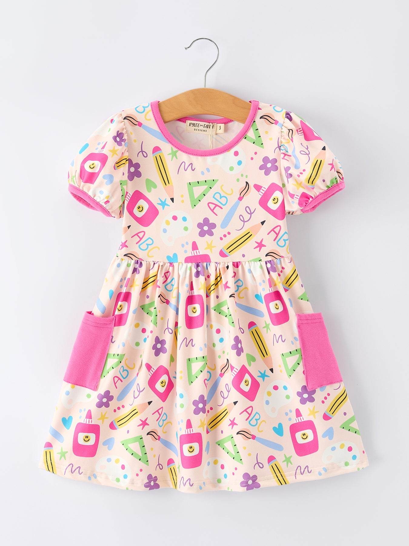 Back to School Print Girls Dress Short Sleeve Pocket - front view