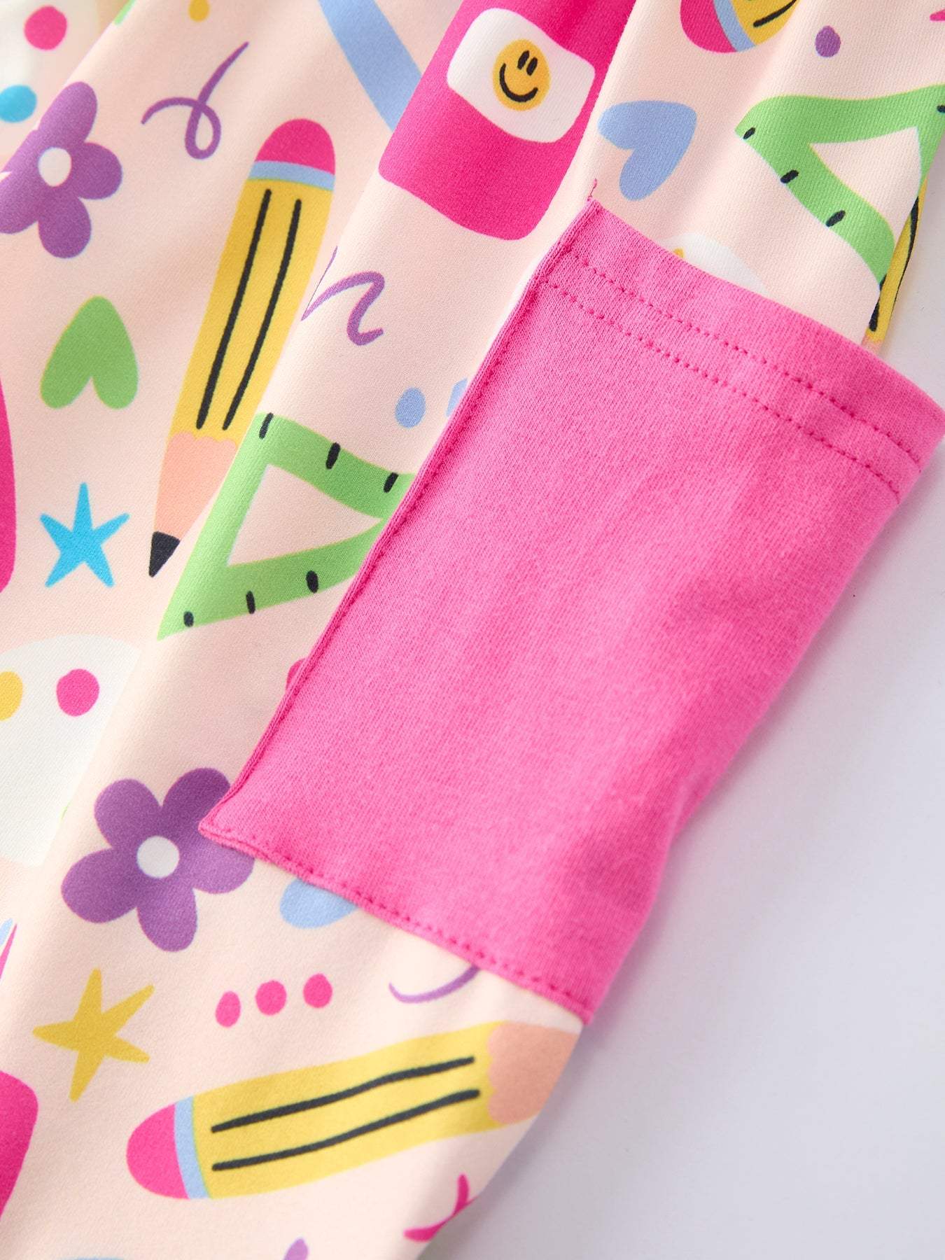 Back to School Print Girls Dress Short Sleeve Pocket - fabric and material close-up