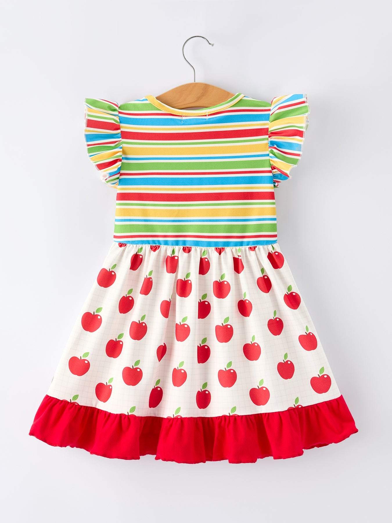 Back to School Apple Stripe Girls Ruffle Dress - detail view