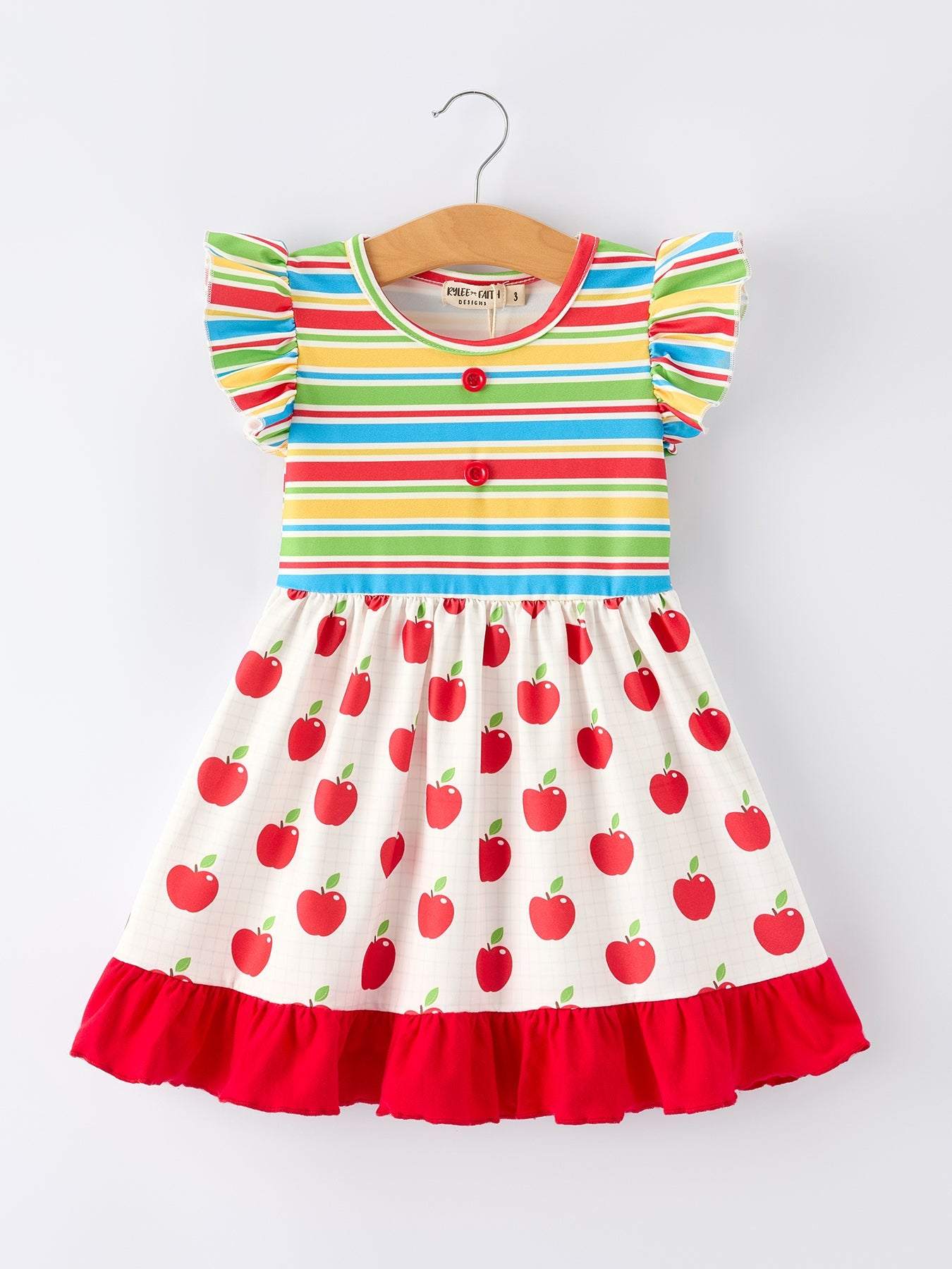 Back to School Apple Stripe Girls Ruffle Dress - front view