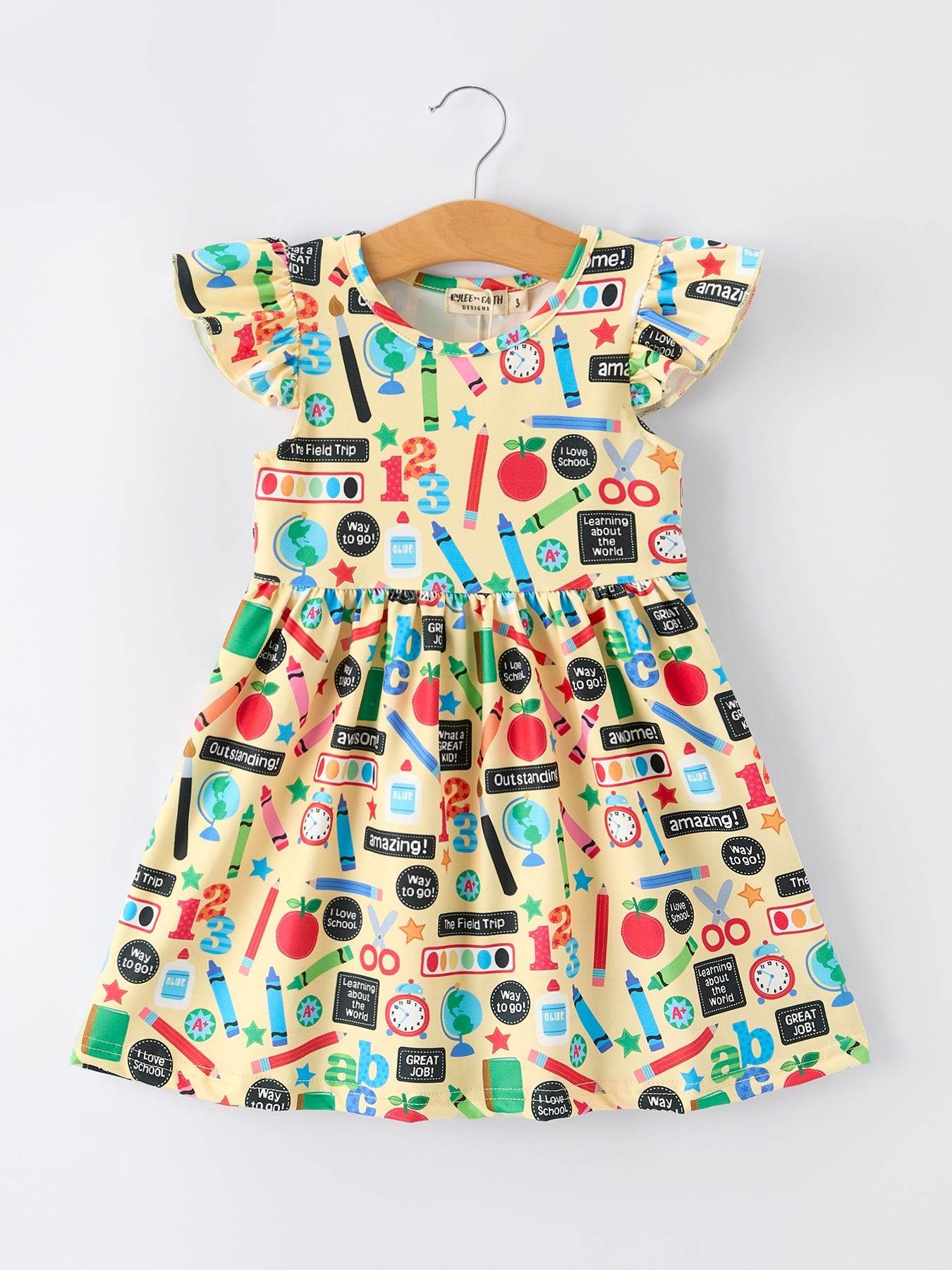 Back to School Alphabet Number Girls Dress Ruffle Sleeve - front view