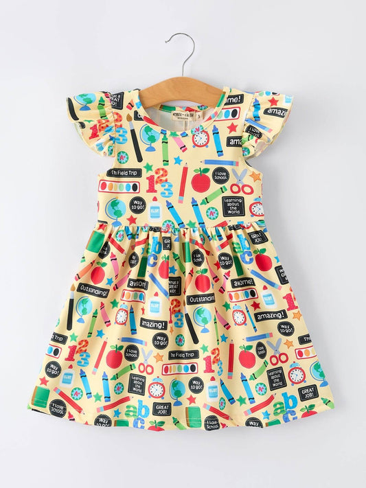 Back to School Alphabet Number Girls Dress Ruffle Sleeve