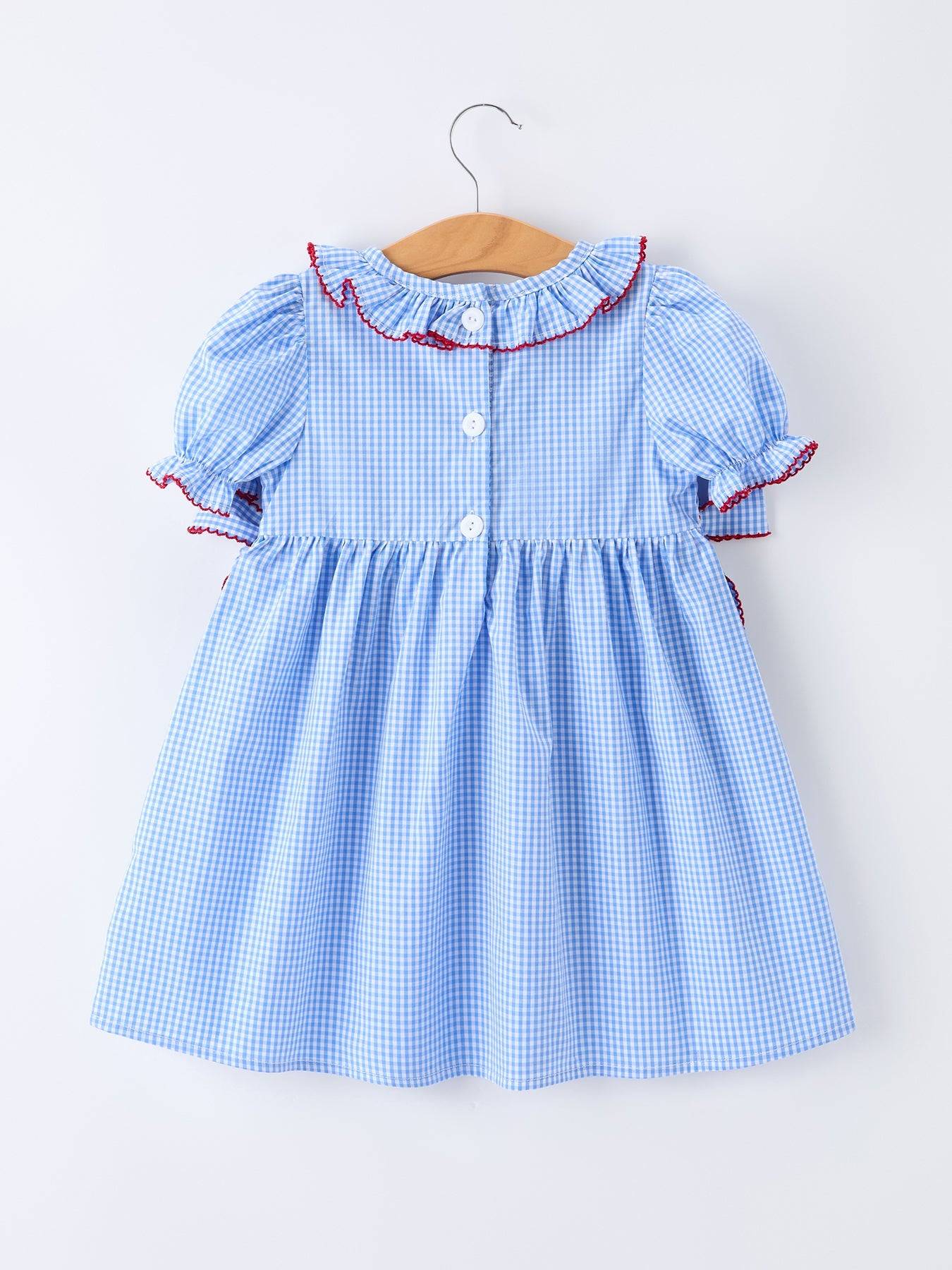Back To School Apple Plaid Girls Dress Smocked Puff Sleeve Bow