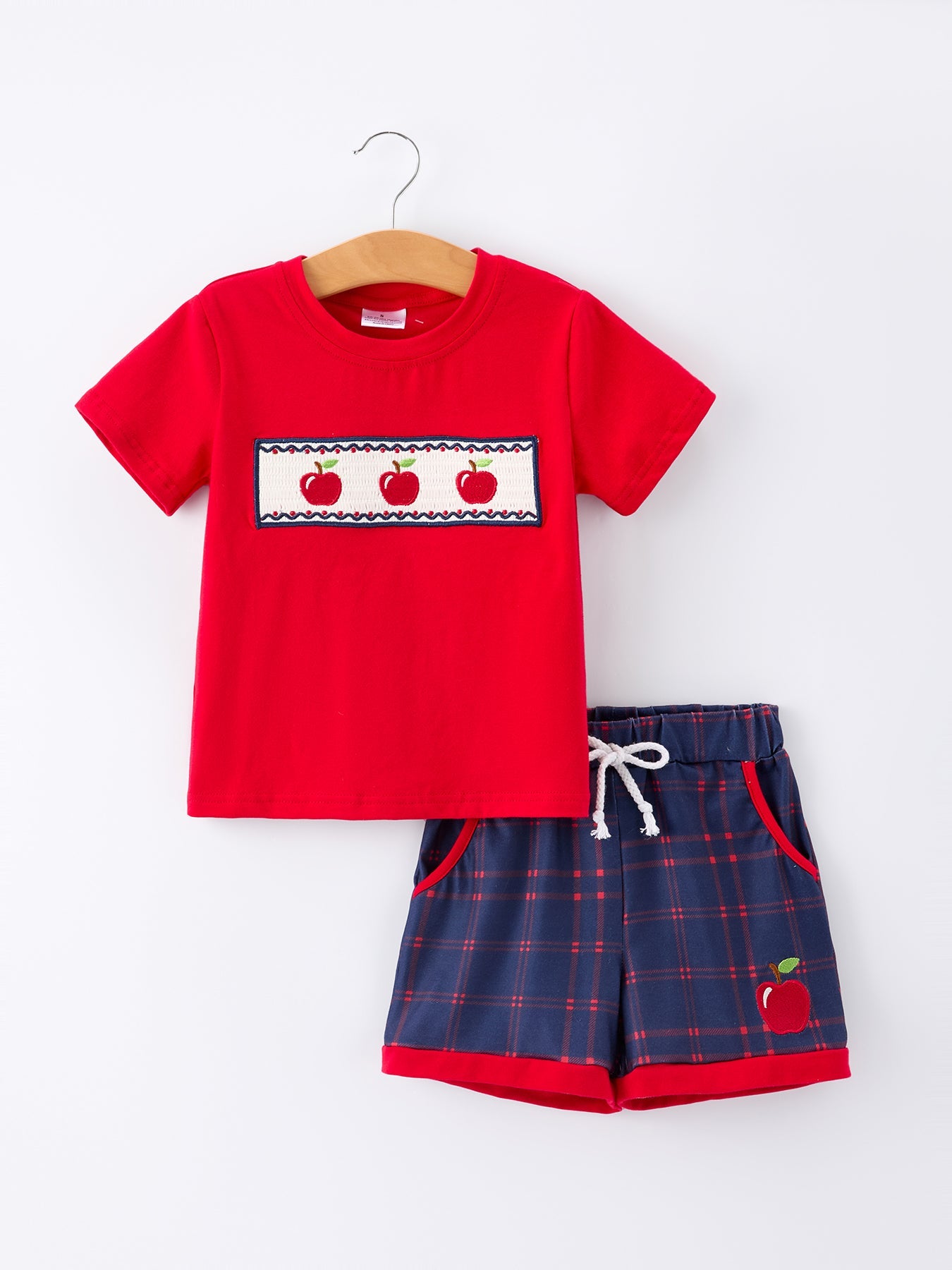 Back To School Apple Boys Set Plaid Shorts Outfit - front view