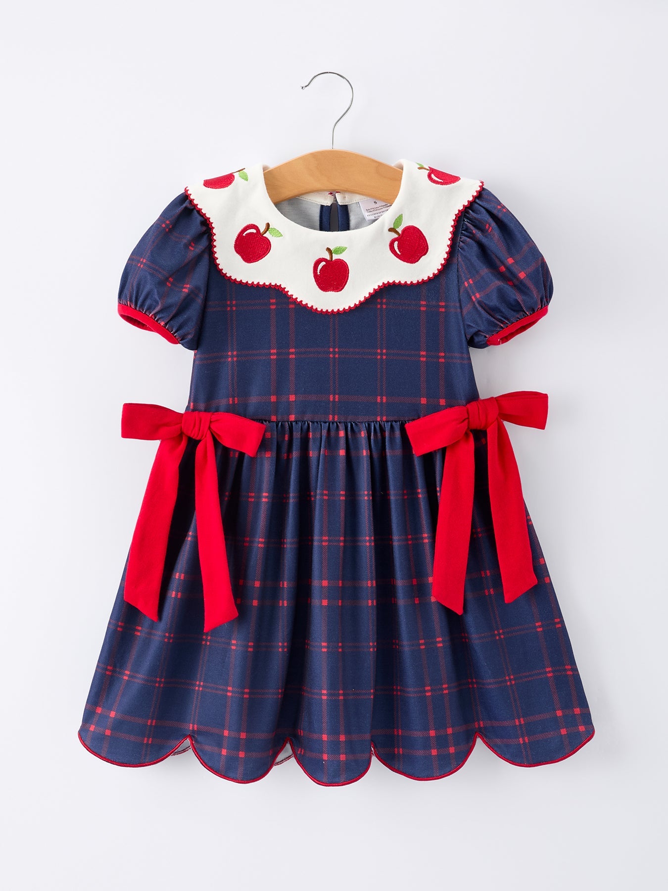 Back To School Apple Plaid Girls Dress Scallop Hem Bow - front view