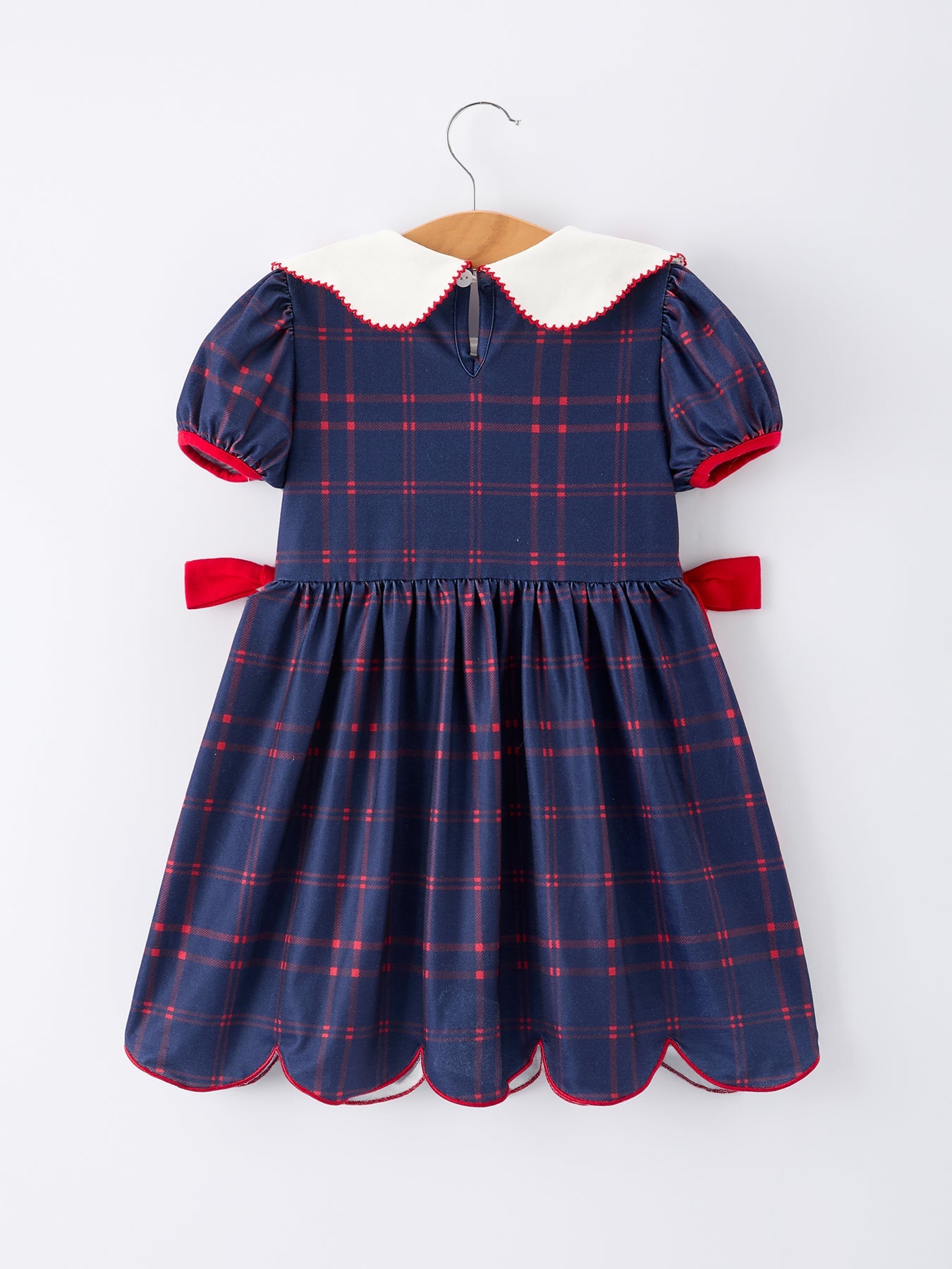 Back To School Apple Plaid Girls Dress Scallop Hem Bow - detail view