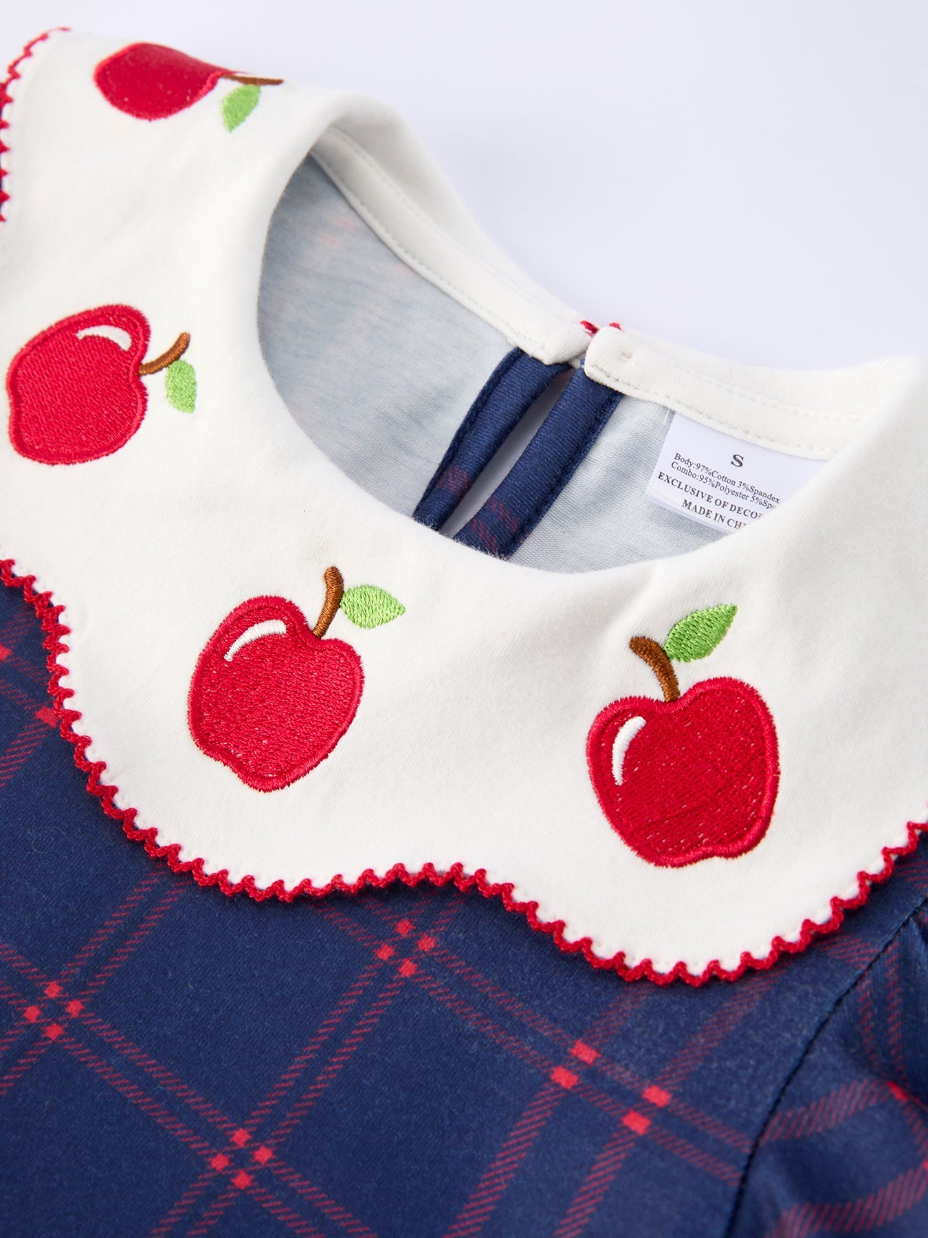 Back To School Apple Plaid Girls Dress Scallop Hem Bow - back view