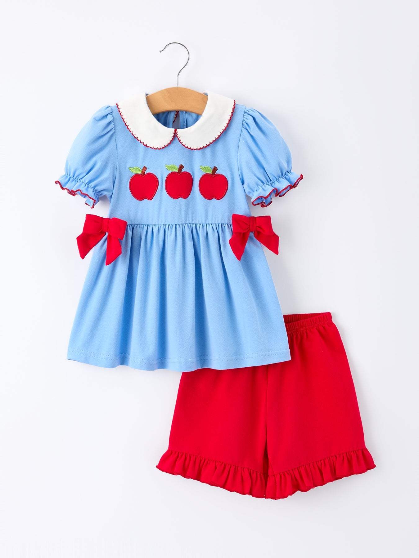 Girls Back To School Apple Outfit Set Bow Ruffle Petal Collar - front view
