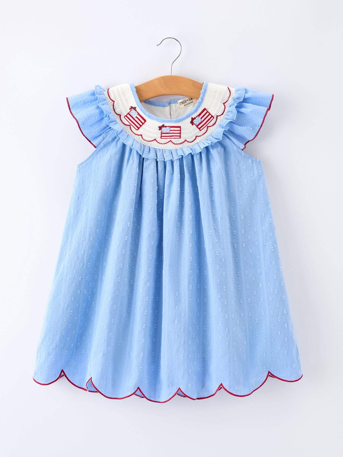 4th of July American Flag Girls Dress Ruffle Collar Scallop Hem - front view