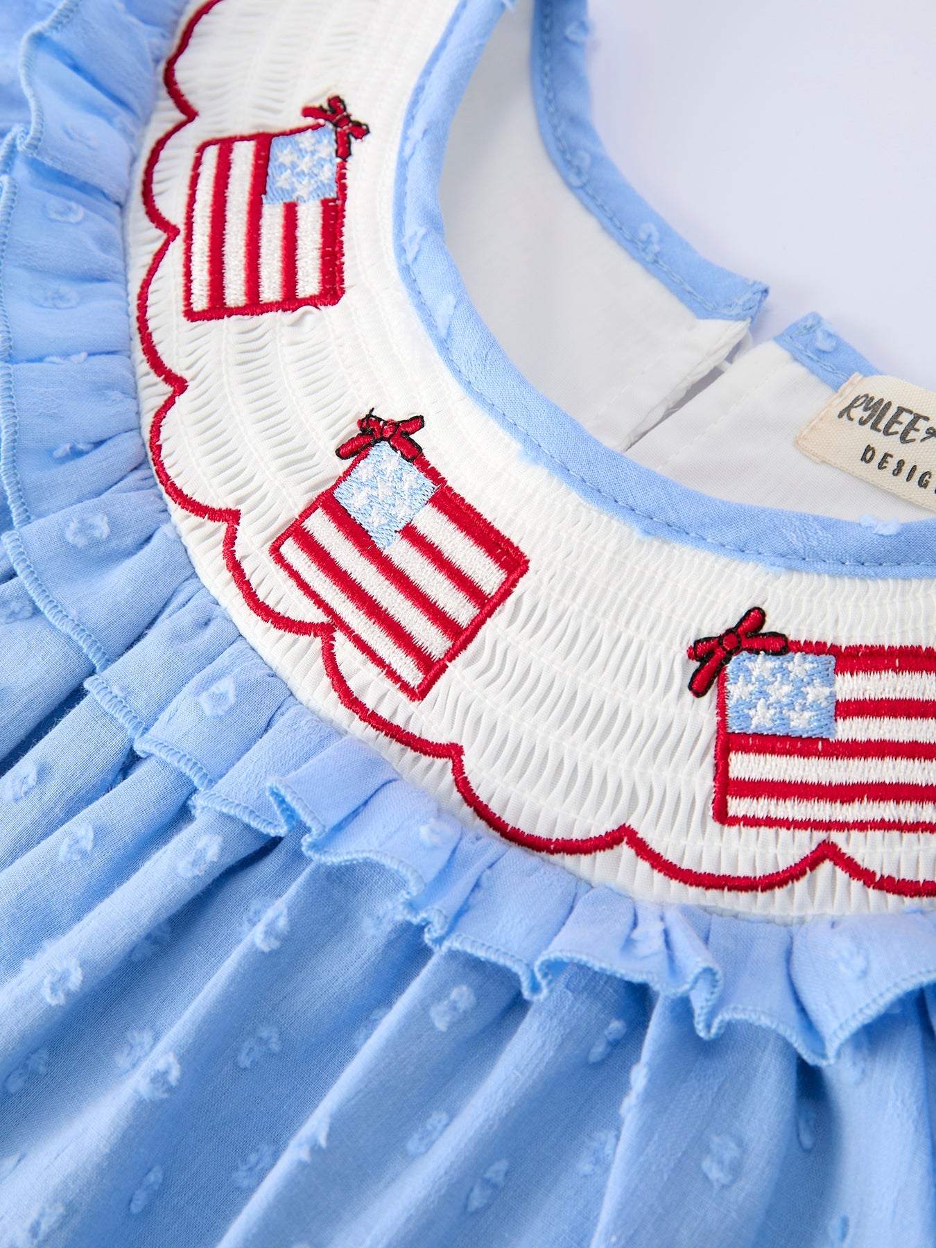 4th of July American Flag Girls Dress Ruffle Collar Scallop Hem - back view