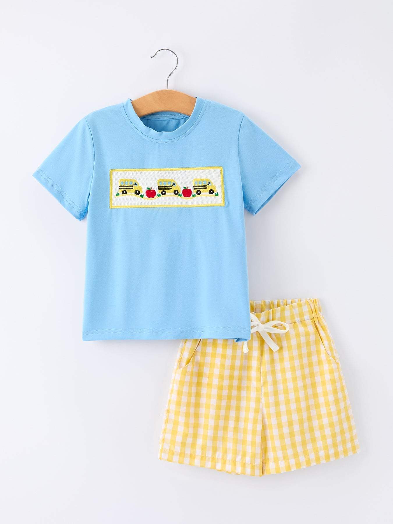 Back To School School Bus Boys Set Plaid Shorts Outfit - front view